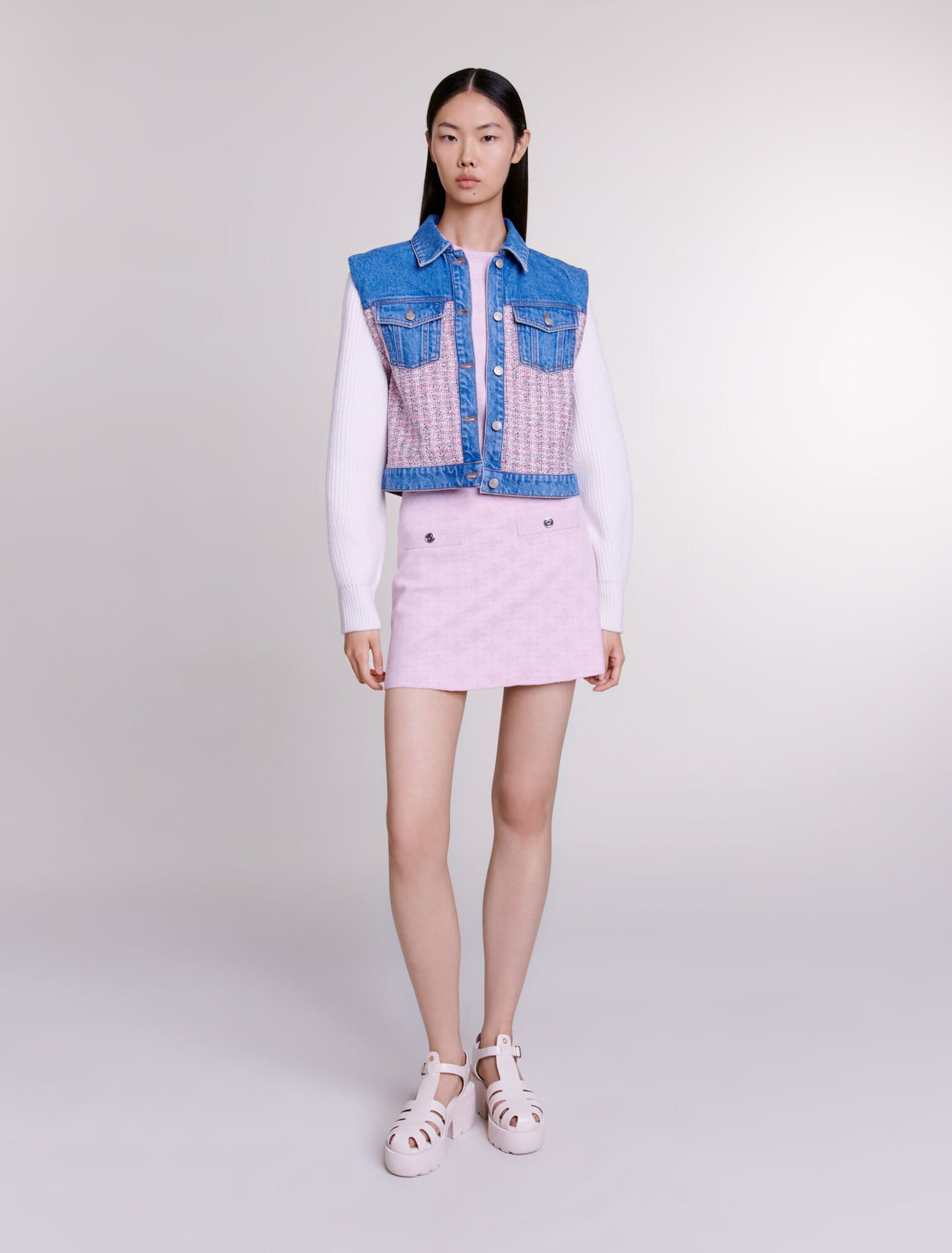 Blouson court en denim et tweed