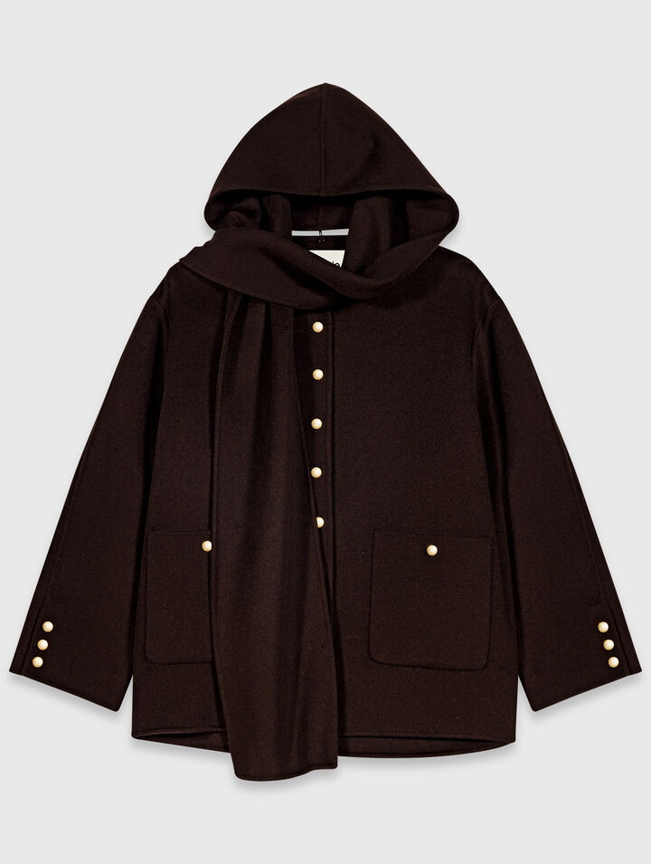Wool coat with removable scarf