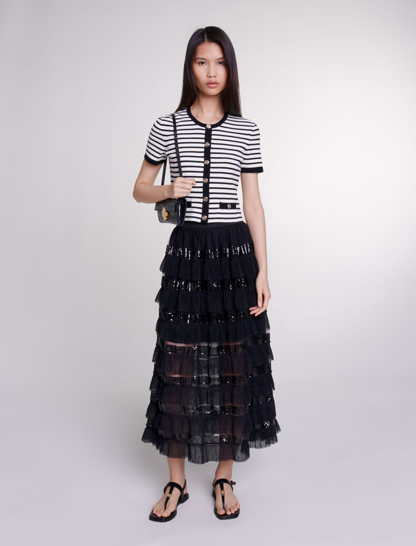 Jupe longue volantee gris noir pour femme Maje