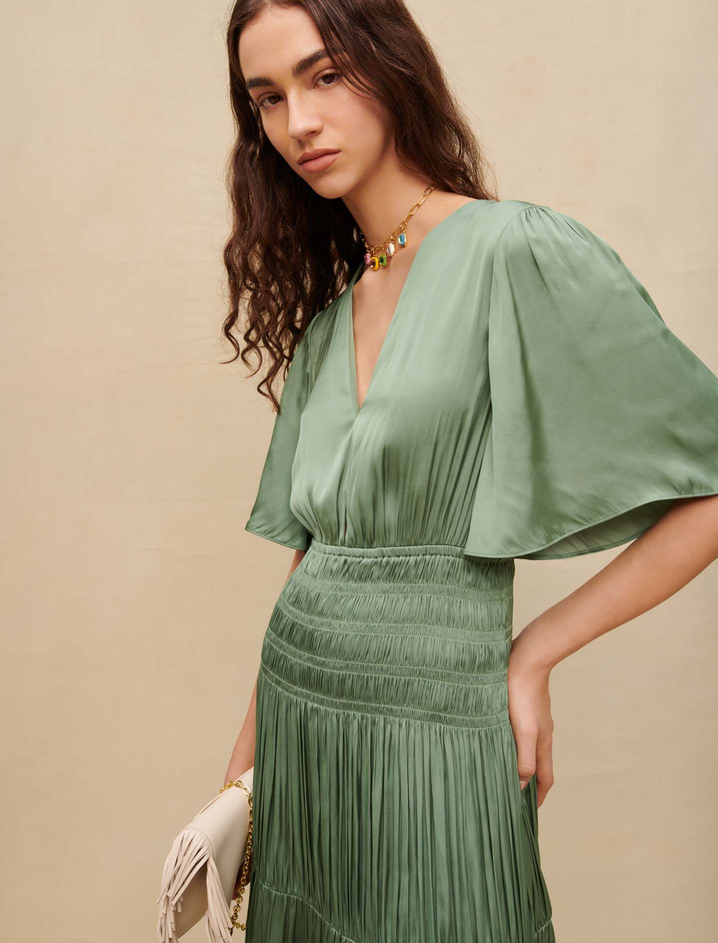 Robe longue satinee vert pour femme Maje