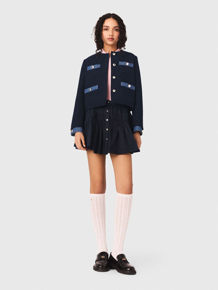 Tweed jacket with denim trim