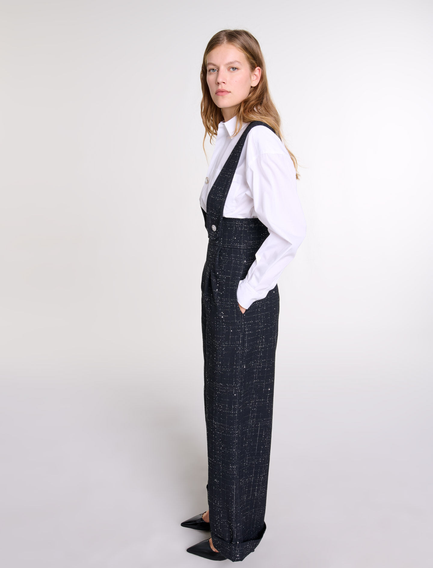Wide-leg trousers with tweed braces Black / Gray For Women