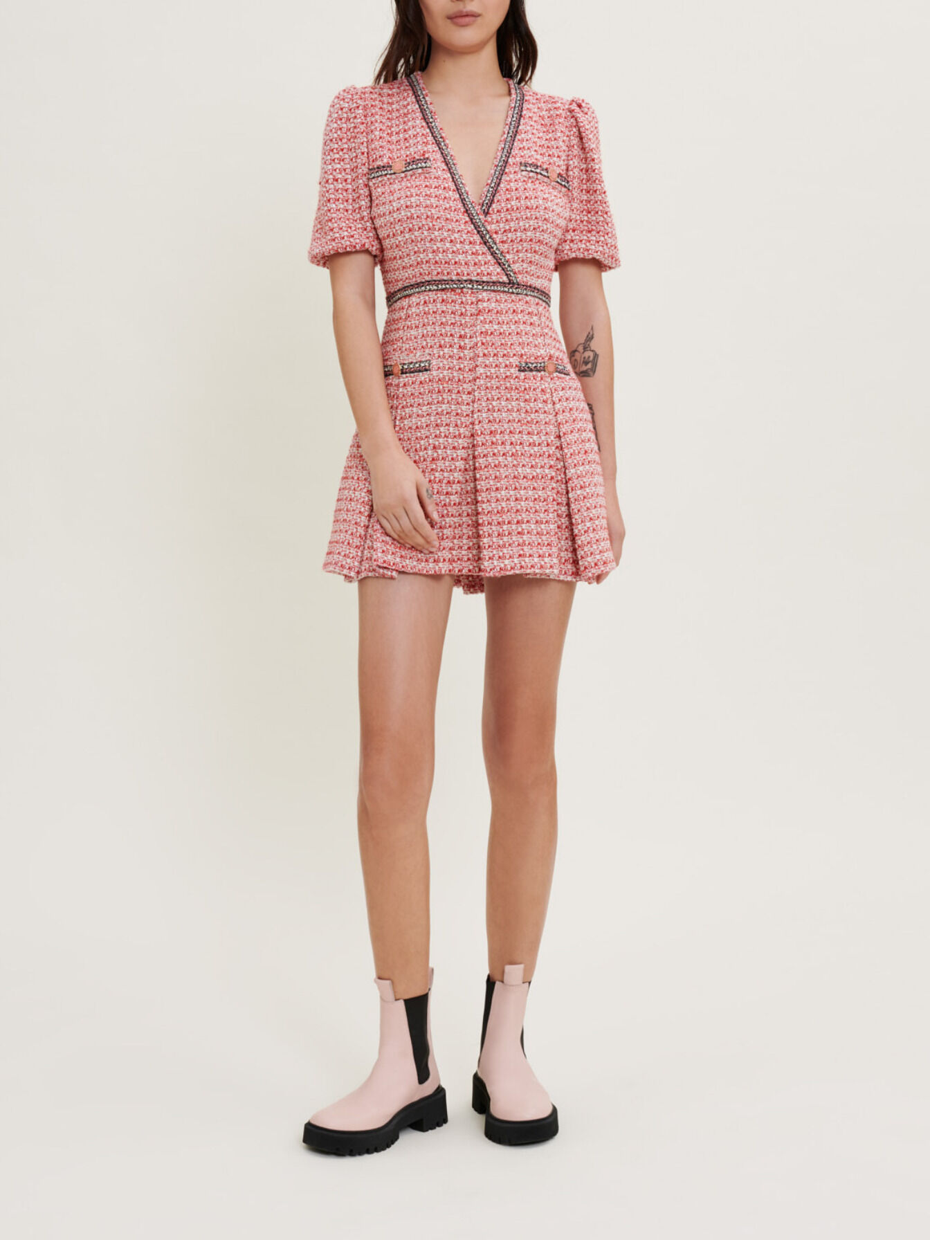 Tweed dress with ethnic trim Pink For Women Maje