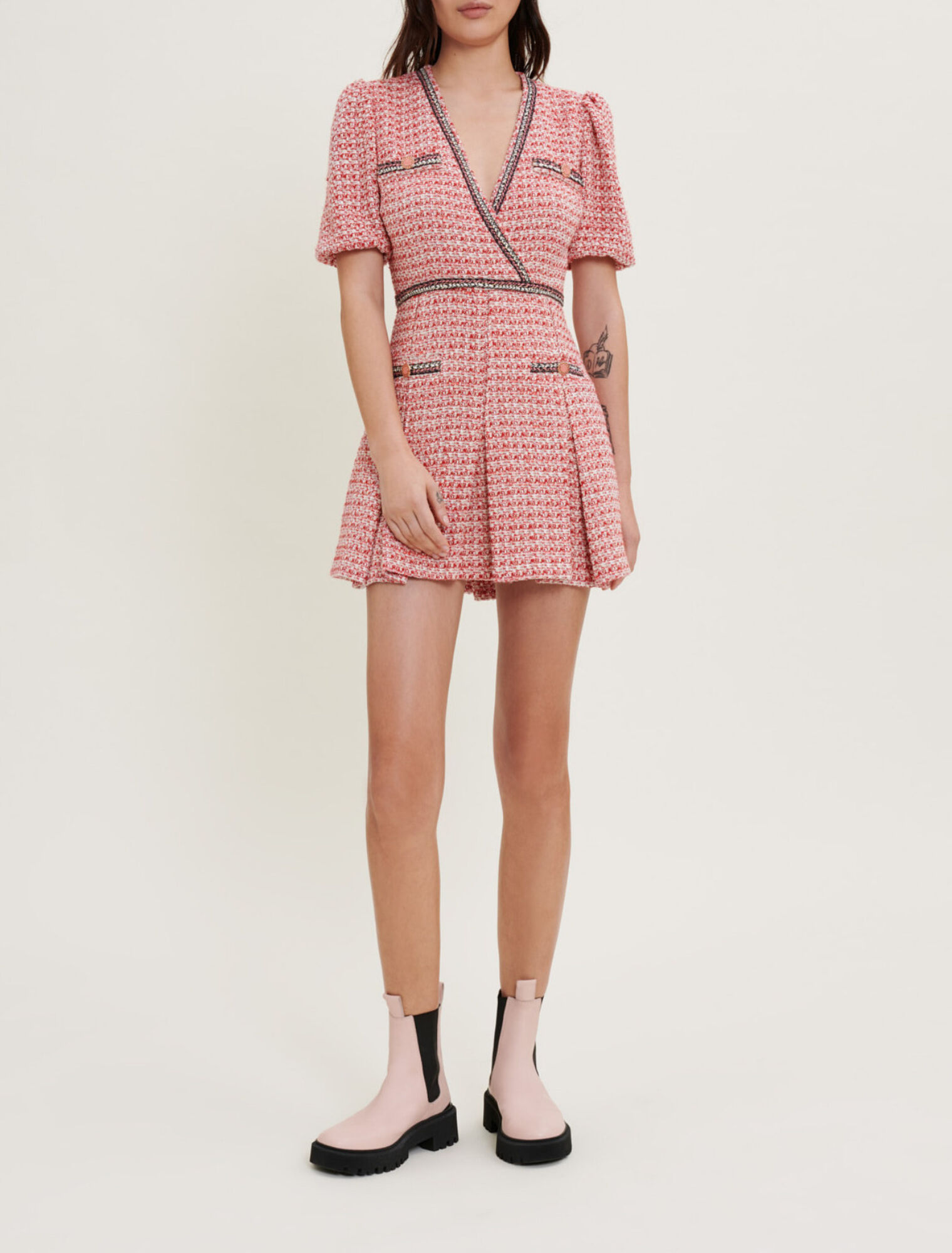 Tweed dress with ethnic trim
