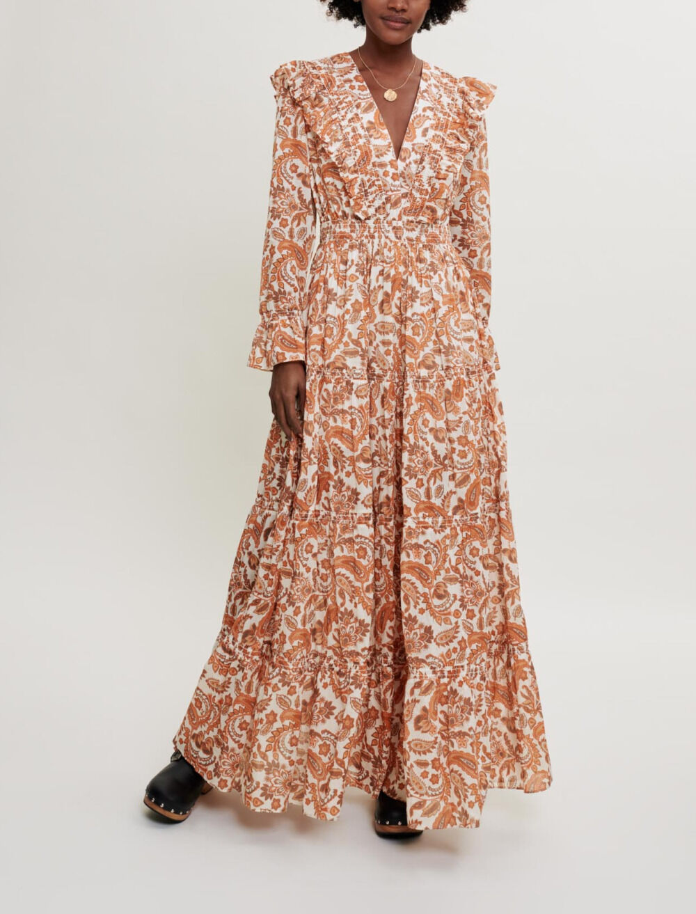 Robe en coton imprime jaune orange pour femme Maje