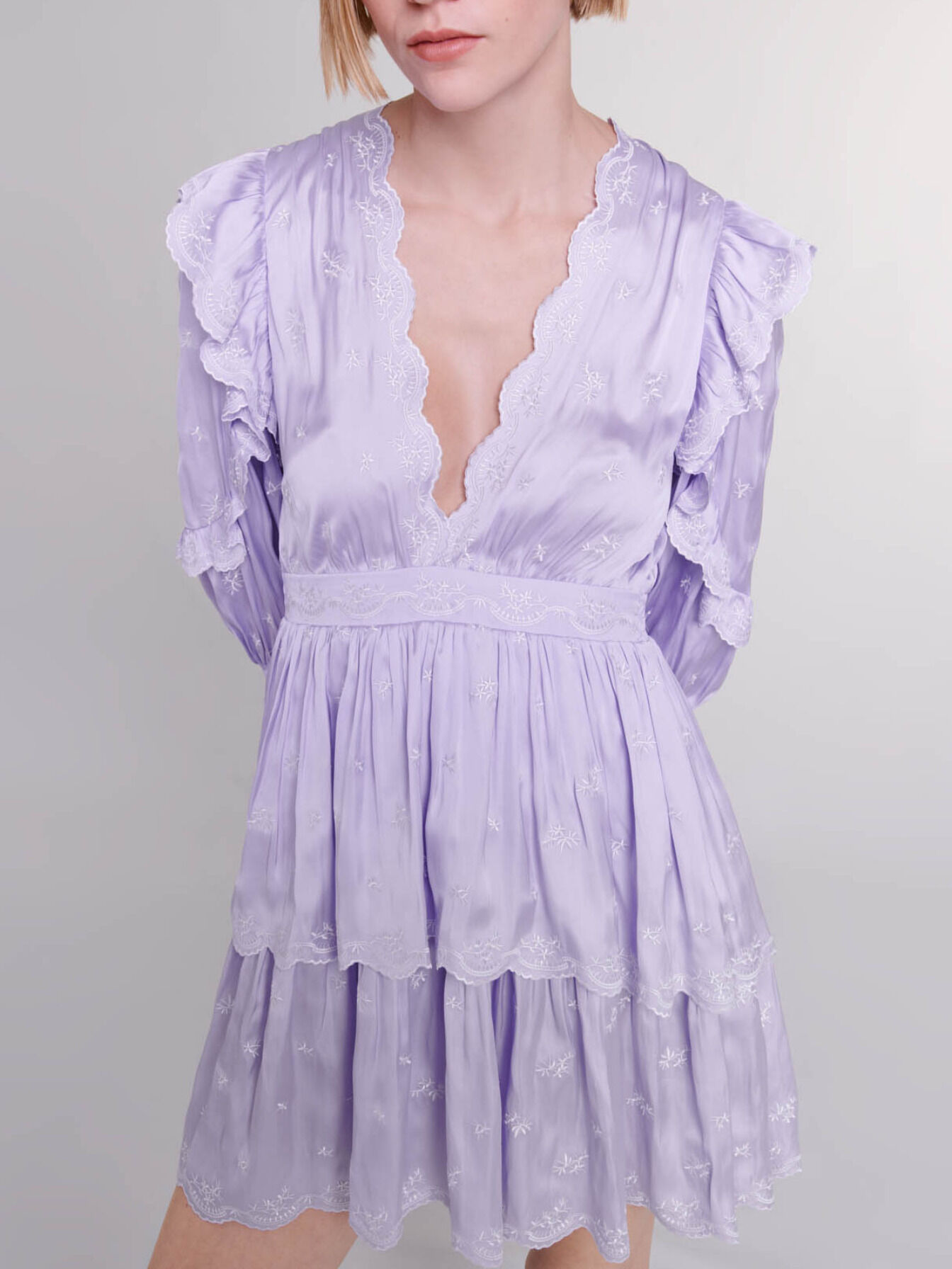 Short satin-look embroidered dress Purple For Women | Maje