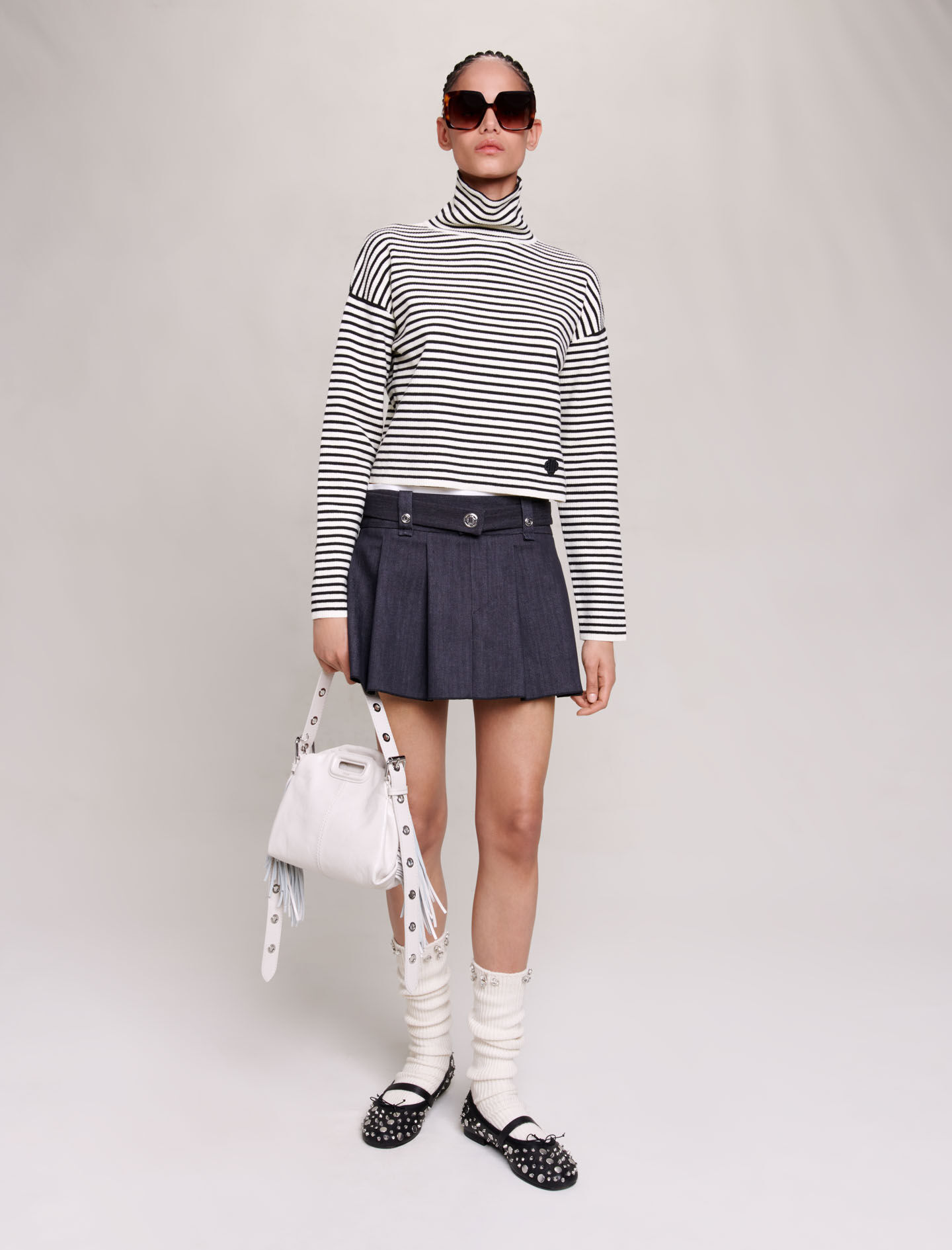 Mini jupe plissee gris noir pour femme Maje