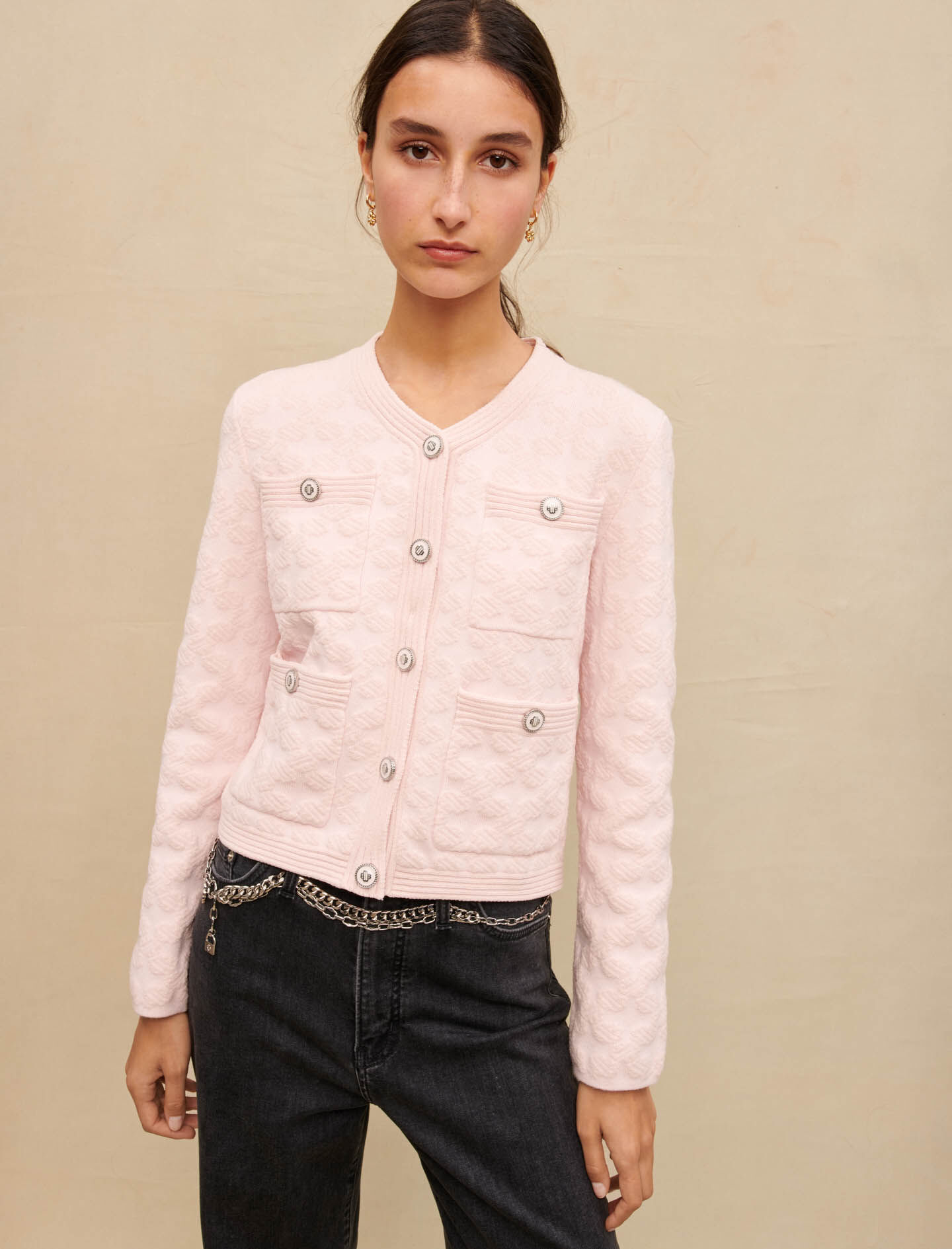 Pink textured knit cardigan Pink For Women Maje