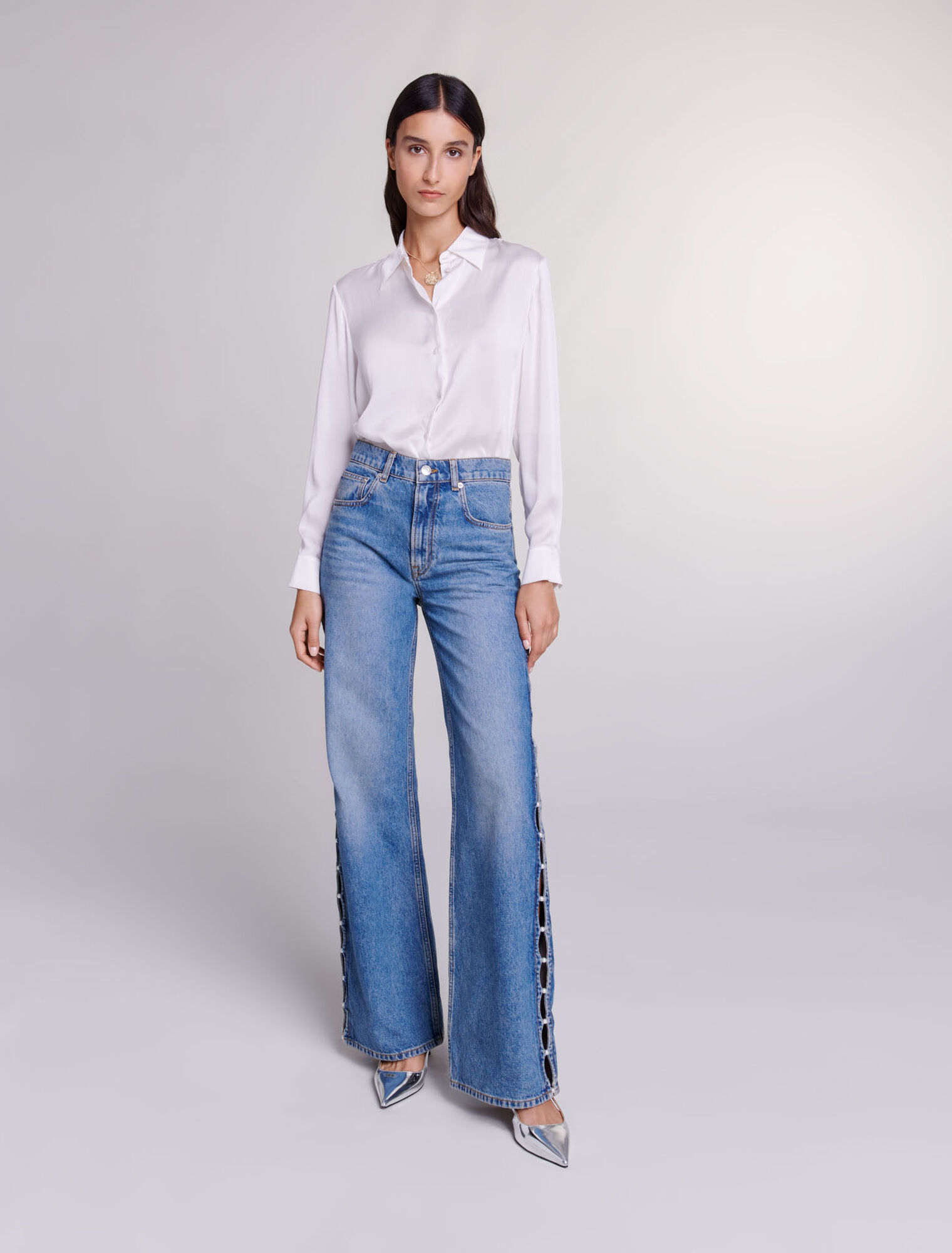 Jeans droit ajouré et perlé