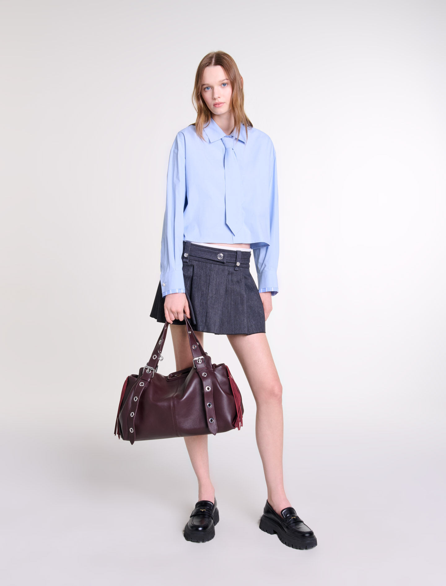 Mini jupe plissee gris noir pour femme Maje