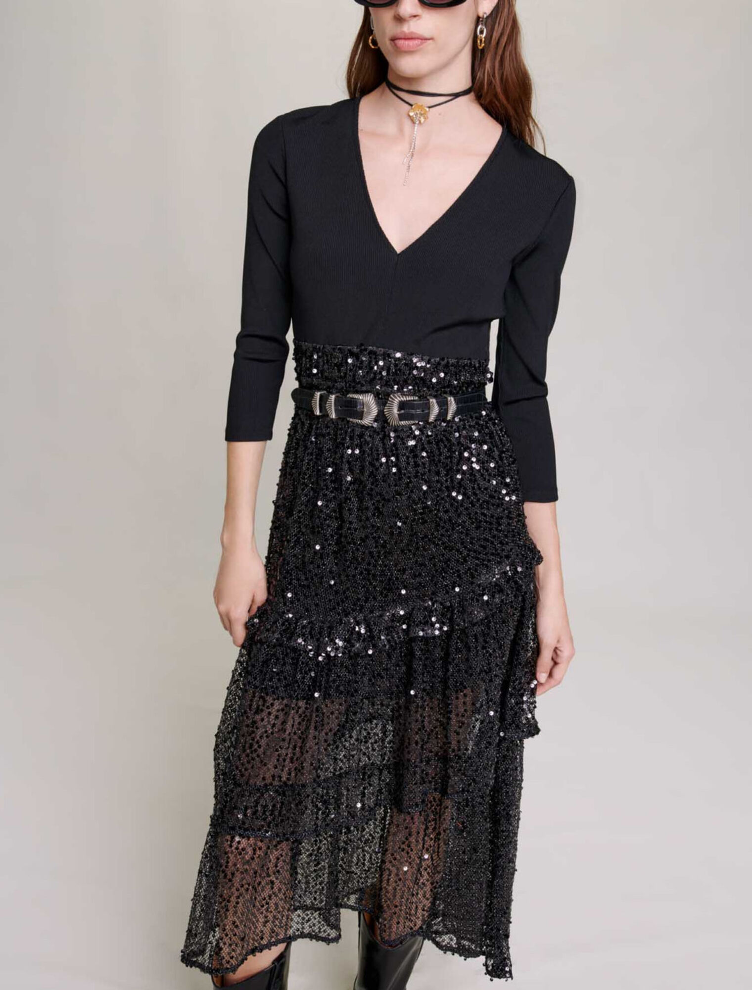 Sequin and mesh maxi dress