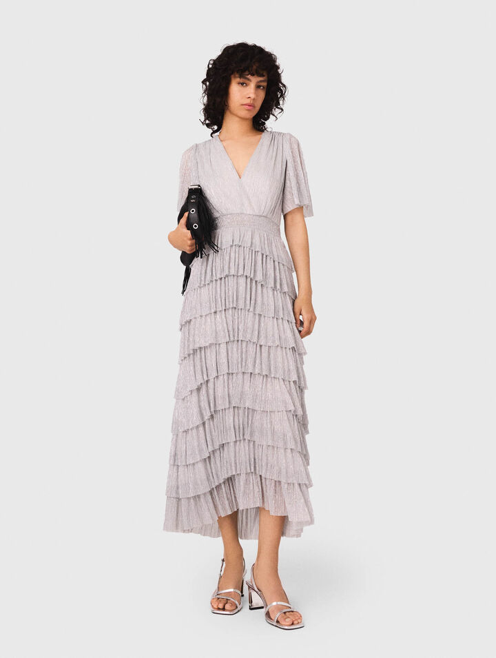 Robe mi-longue à volants métalisée