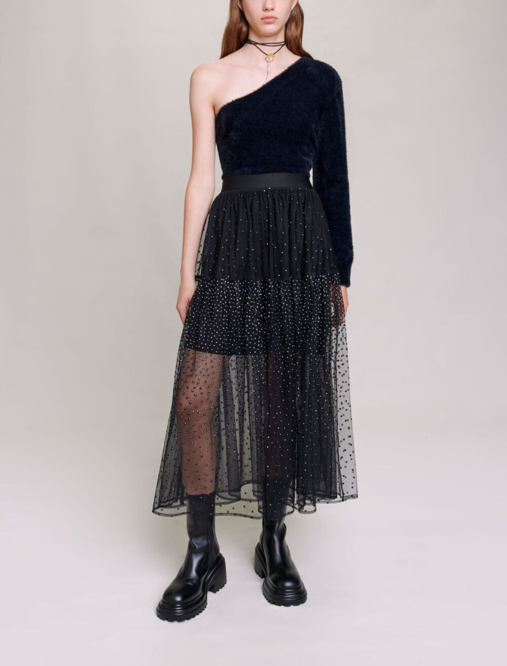2024年ファッション福袋 Glittery spotted long tulle skirt Black / Gray For Women | Maje スカート