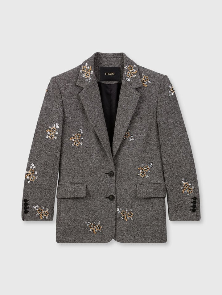 Flower-embroidered wool jacket