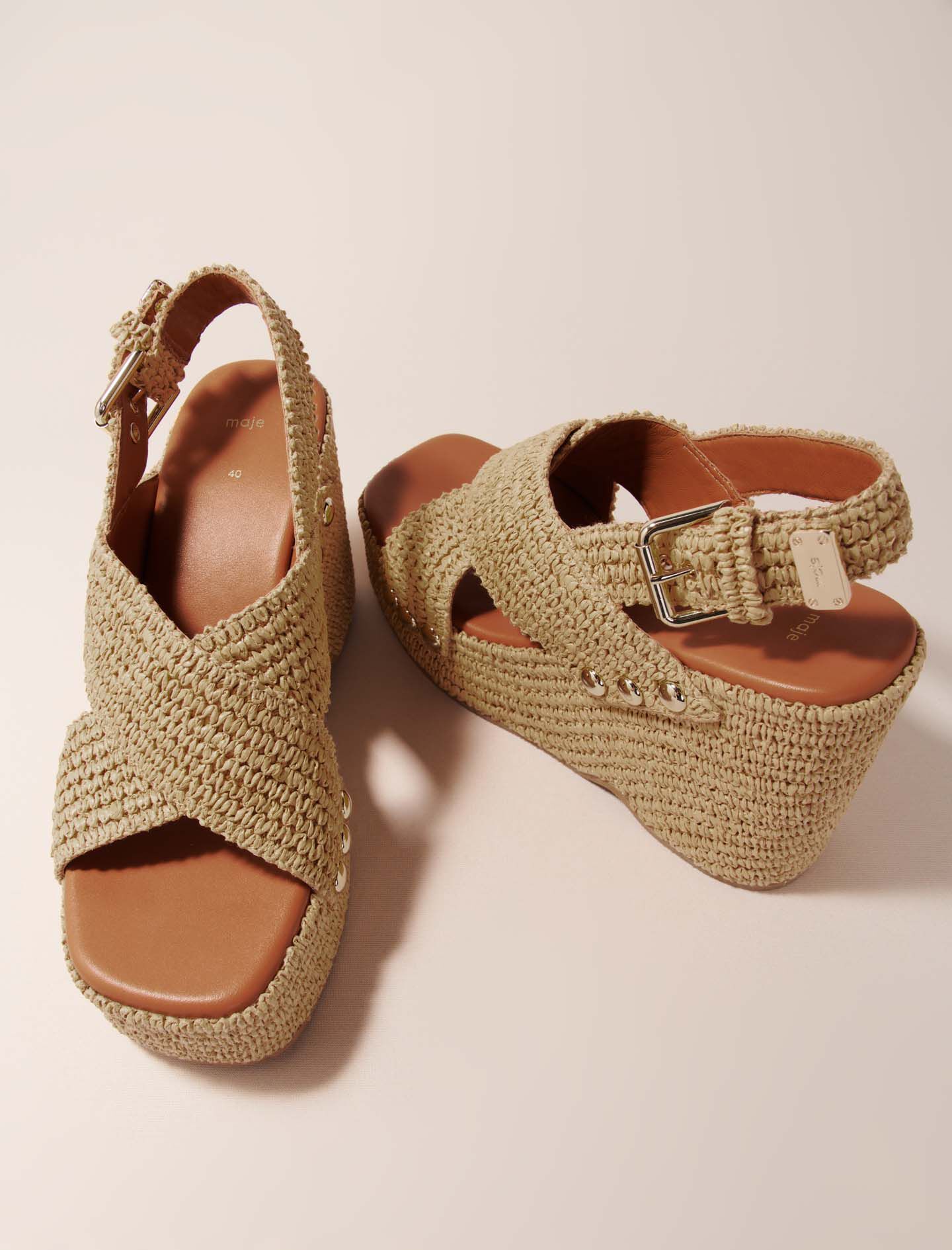 MAJE [マージ] Raffia Cross Wedge Sandals Wedge sandals with raffia effect Brown For Women | Maje
