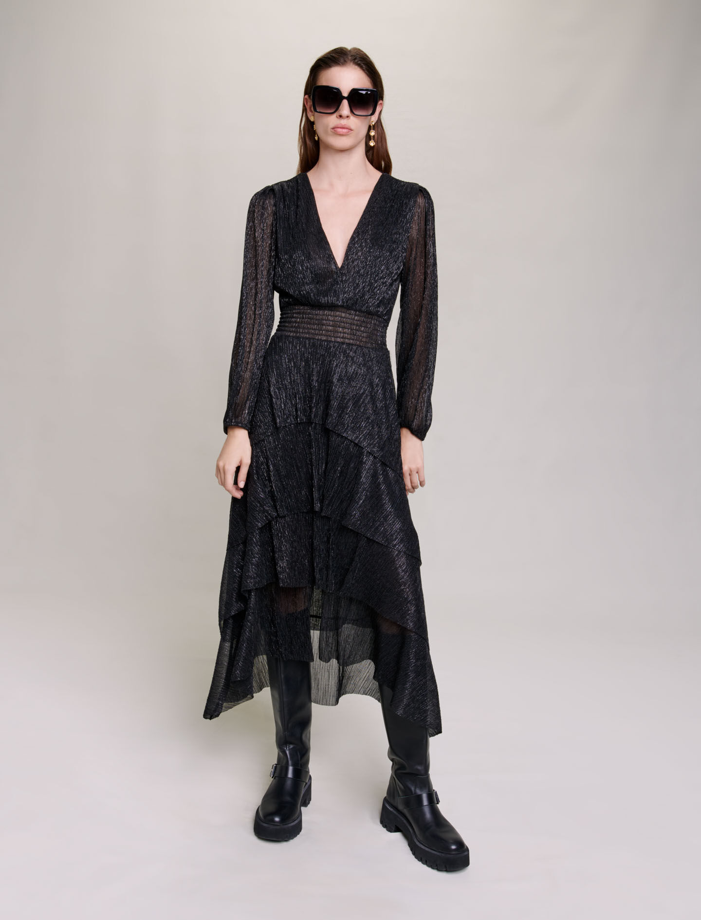 Robe plissee a volants lame extensible gris noir pour femme Maje