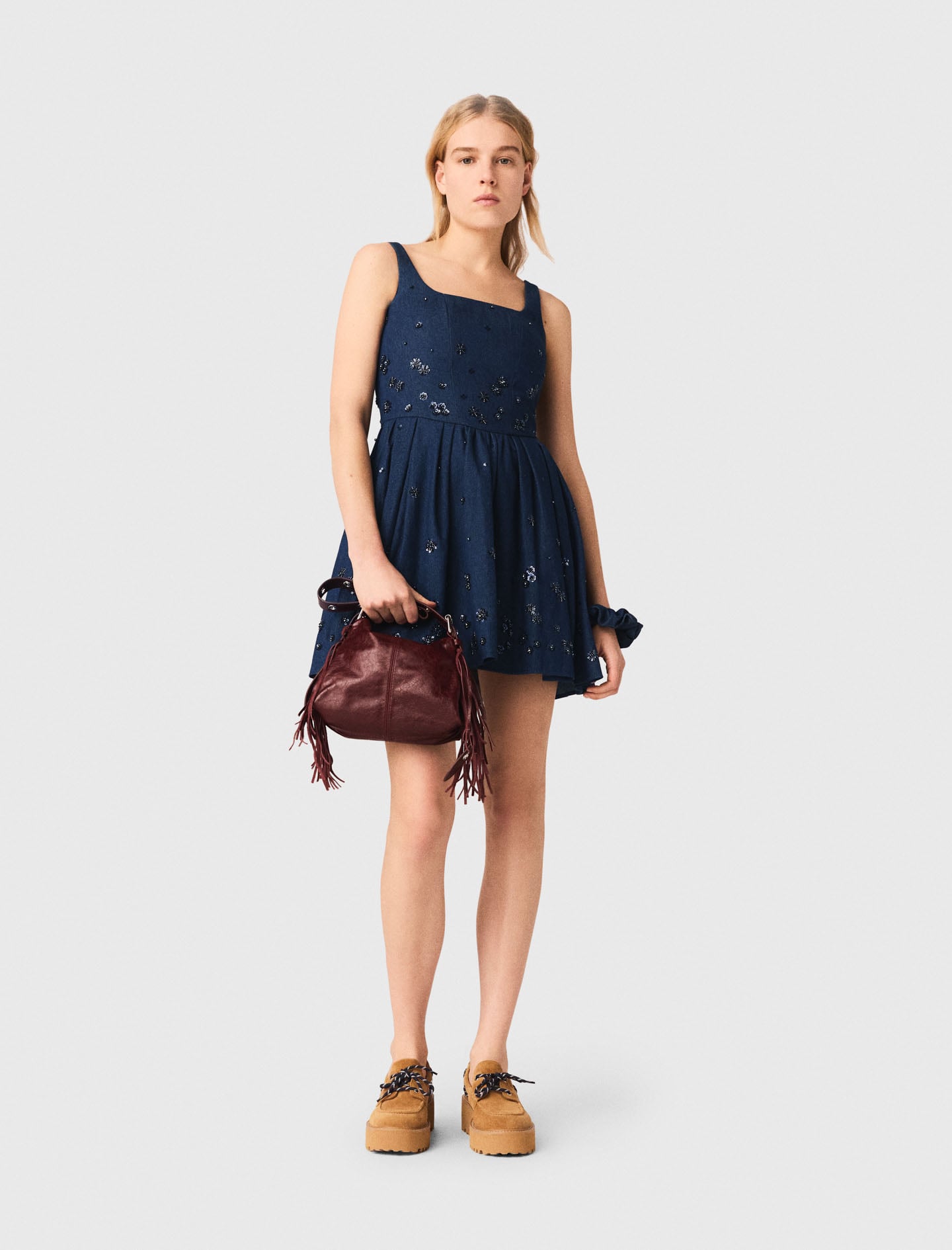 Maje Woman's cotton Flared embroidered denim dress for Spring/Summer, in color Navy / Blue