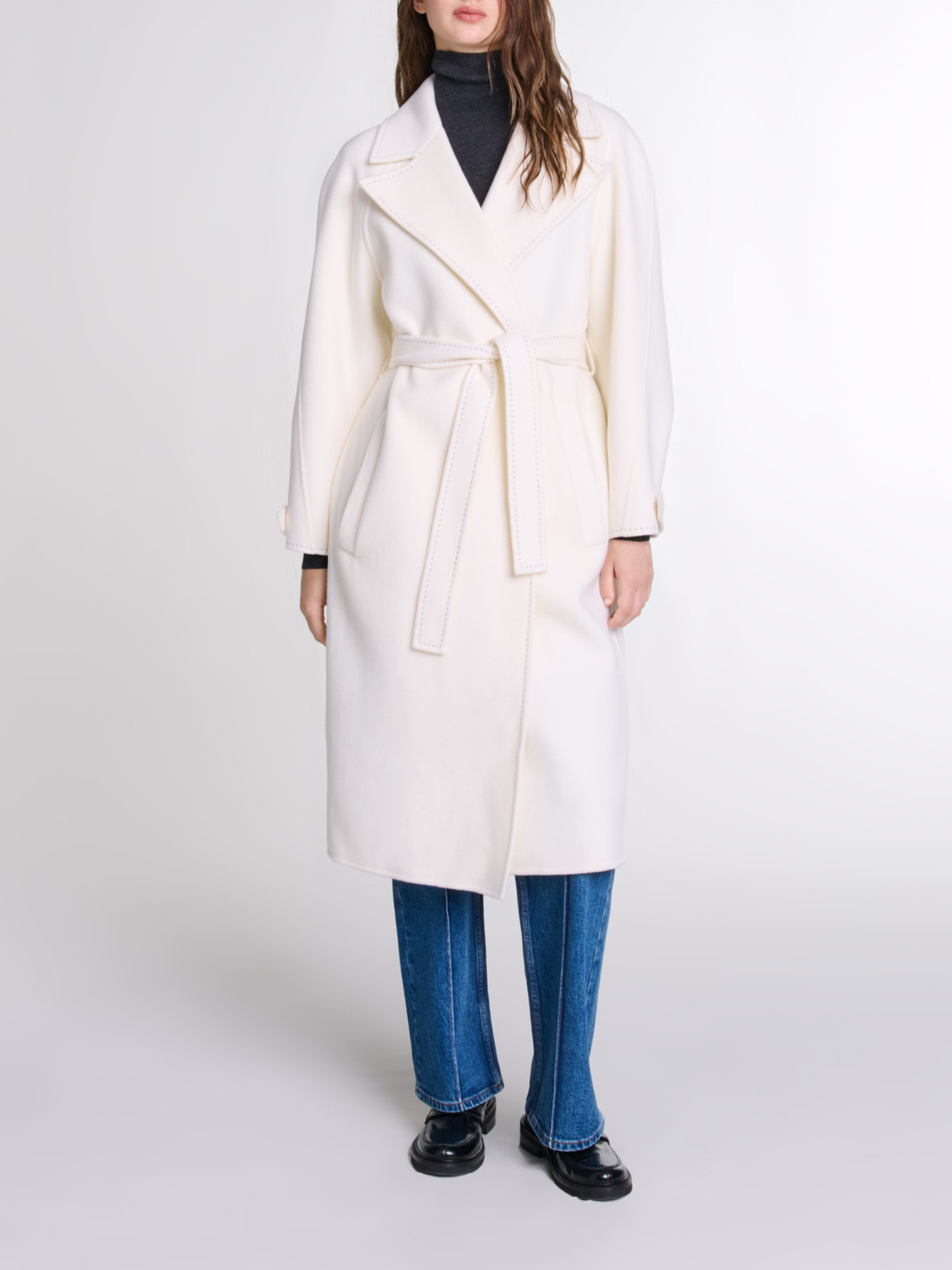 Maje Woman's wool Double-faced mid-length coat for Fall/Winter, in color Ecru / Beige