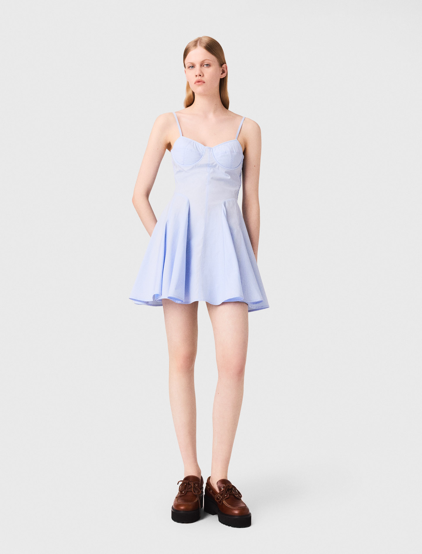 Maje Woman's cotton Mini cotton babydoll dress for Fall/Winter, in color Light Blue / Blue