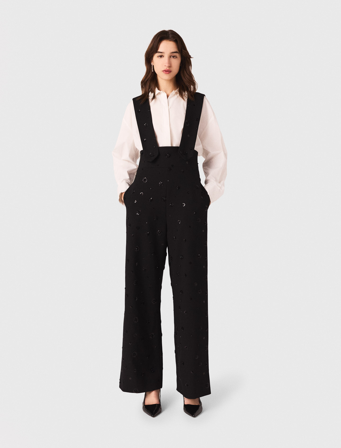 Maje Woman's polyester Embroidered trousers with braces for Fall/Winter, in color Black / Black