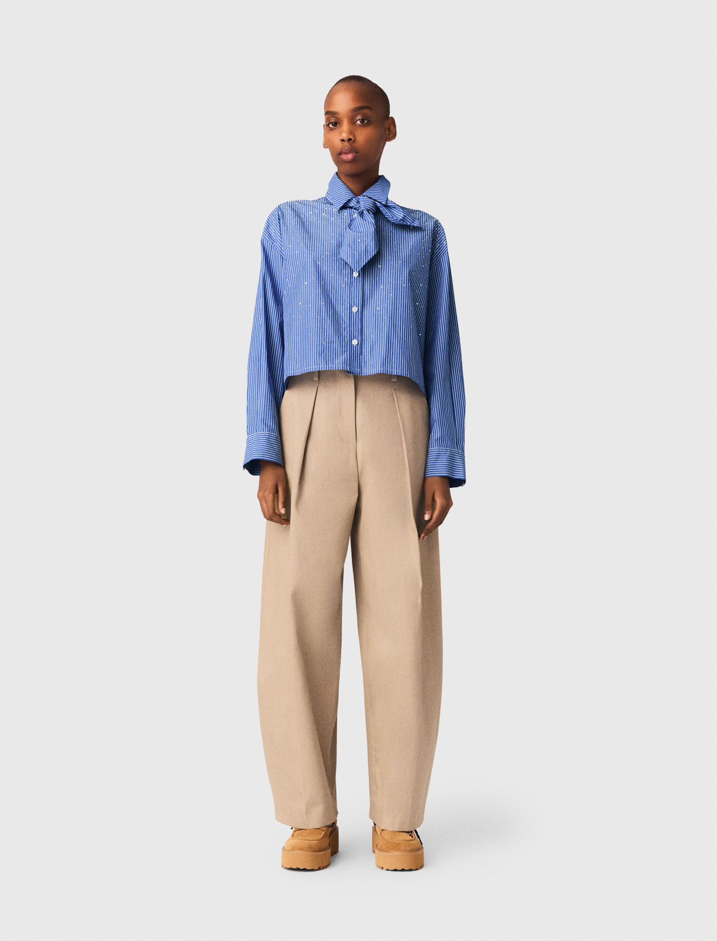 Maje Woman's cotton Rhinestone shirt with removable tie for Spring/Summer, in color Blue / Blue