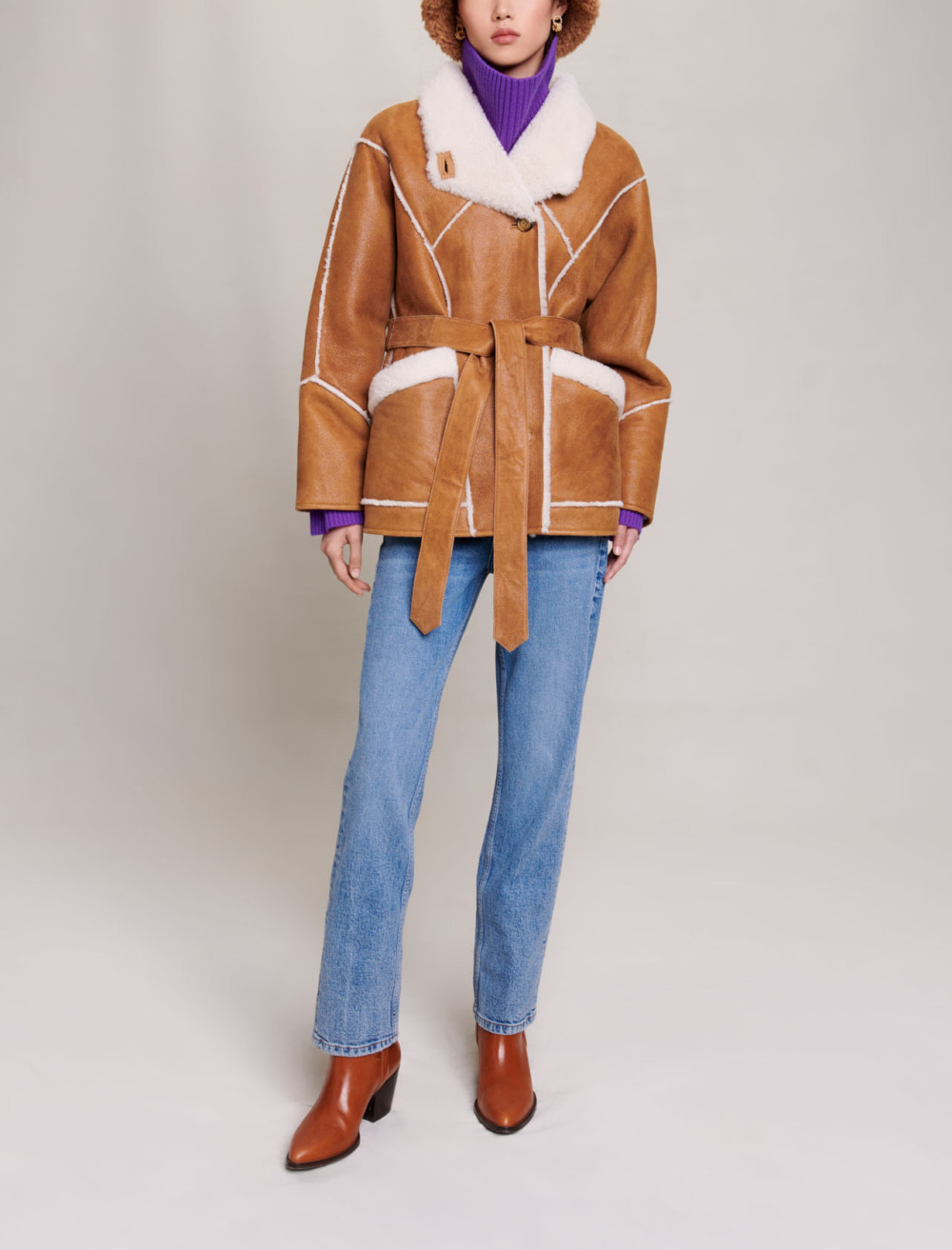 Maje Woman's leather Short fleece coat for Fall/Winter, in color Camel / Brown