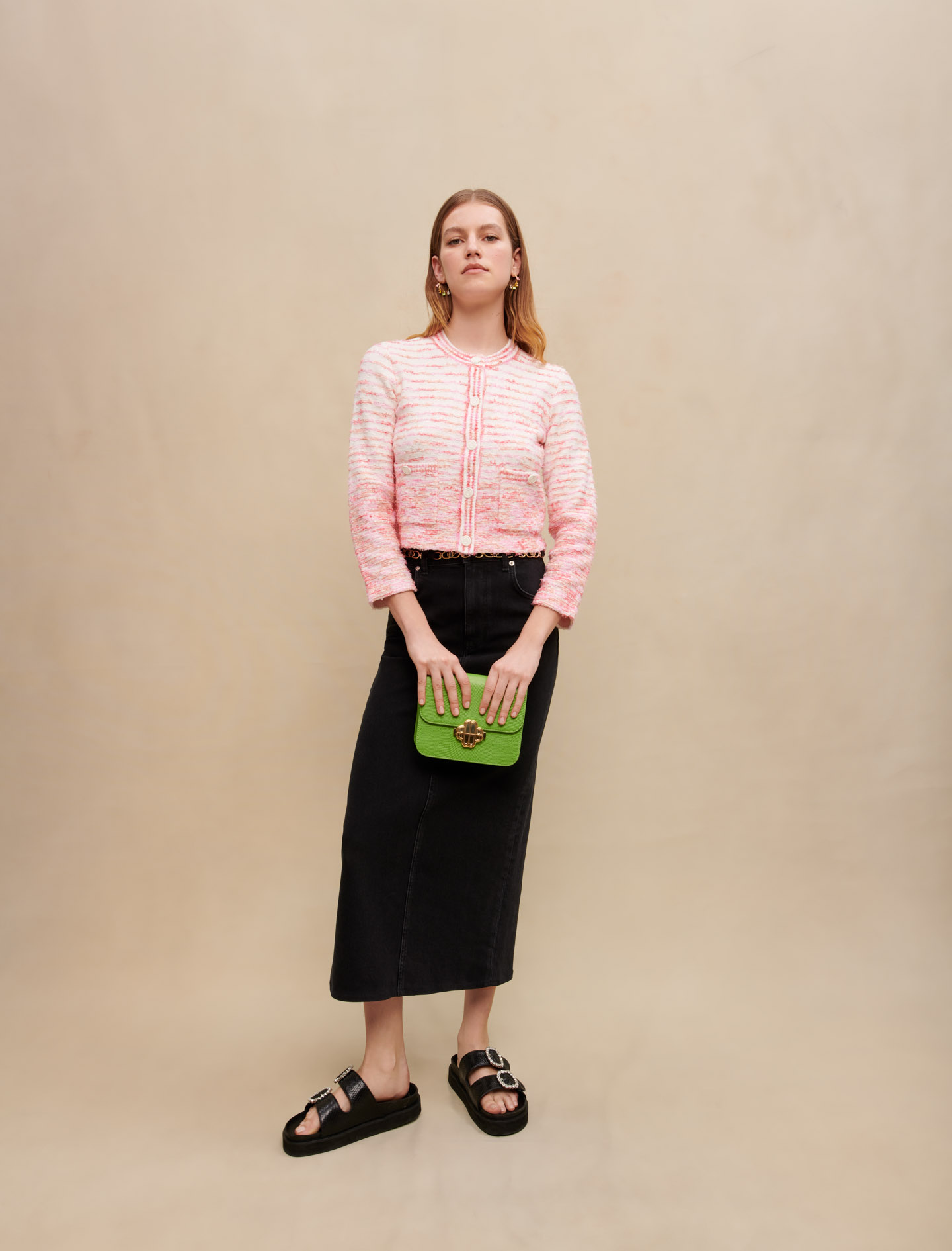 épine - é button spring cardigan dot Cardigan with contrasting threads Pink For Women | Maje