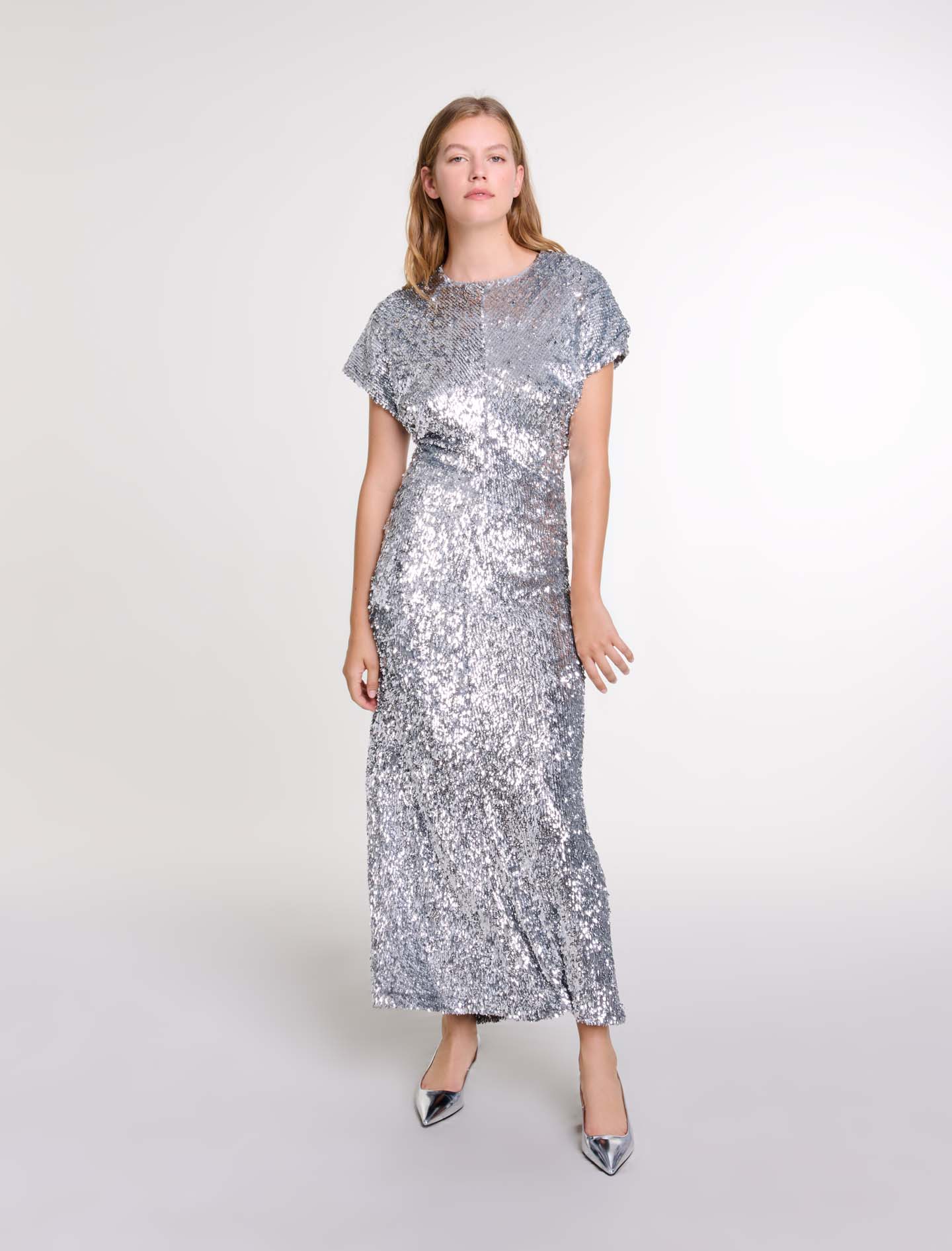 Maje Woman's polyester Sequin maxi dress for Fall/Winter, in color Silver / Grey