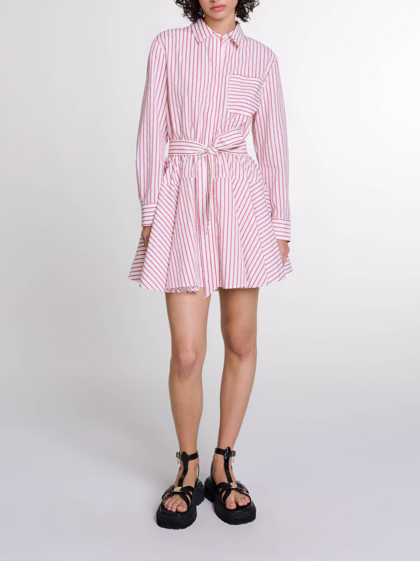 Maje Woman's polyester Striped rhinestone short dress for Fall/Winter, in color Red rhinestone stripe /