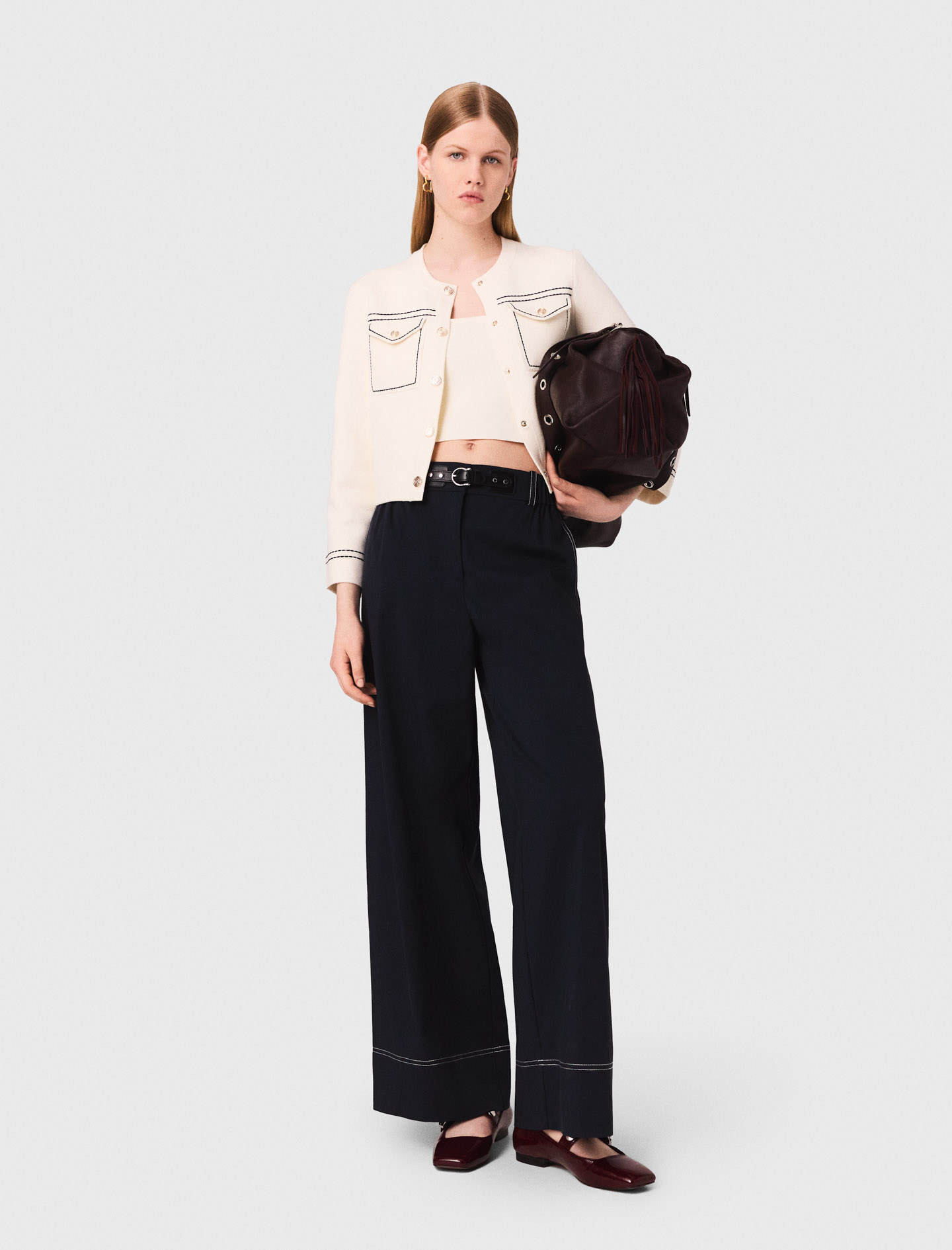 Maje Woman's cotton Topstitched cropped cardigan for Fall/Winter, in color Ecru / Beige