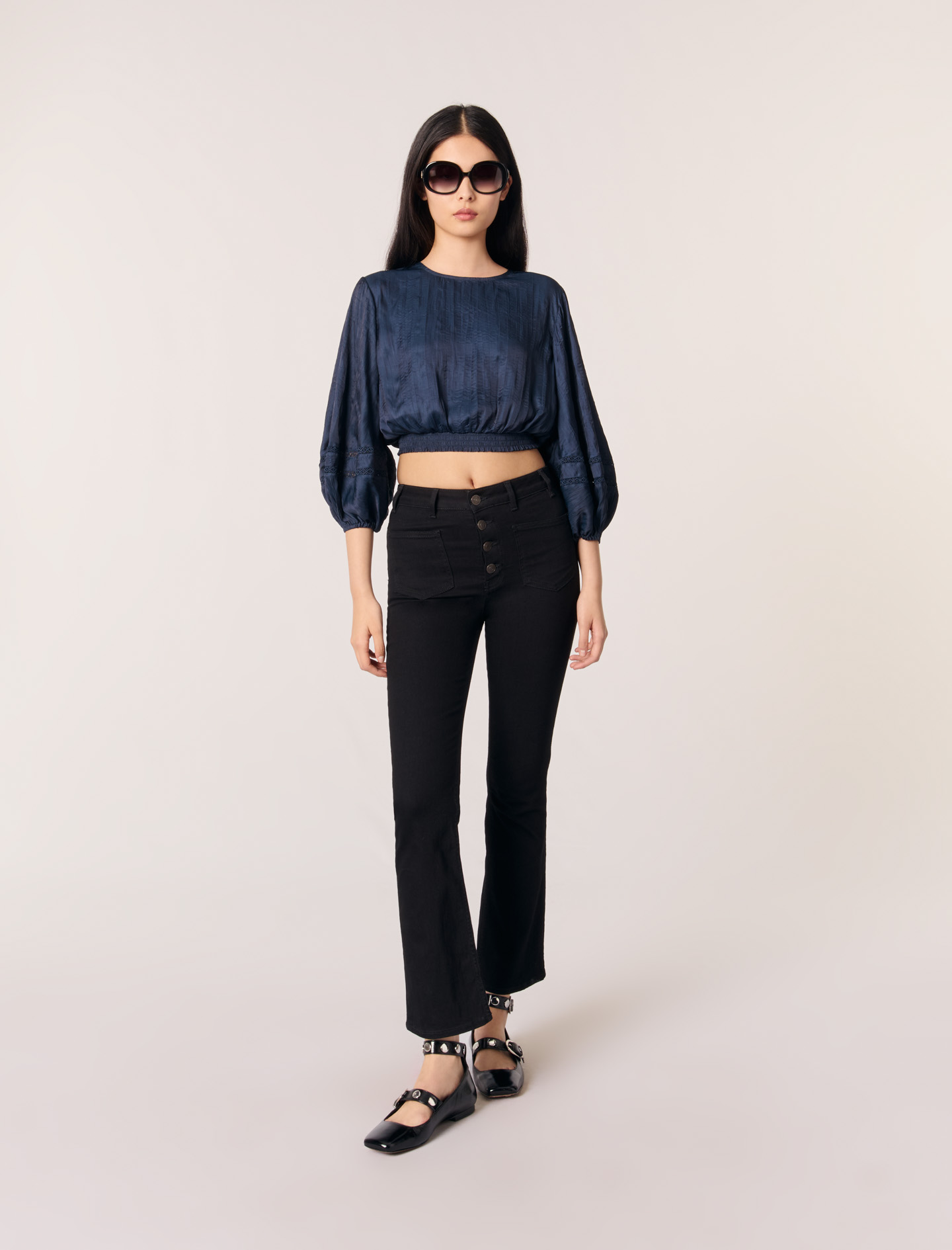 maje 2023 tops トップス Satin-look cropped top Blue For Women | Maje