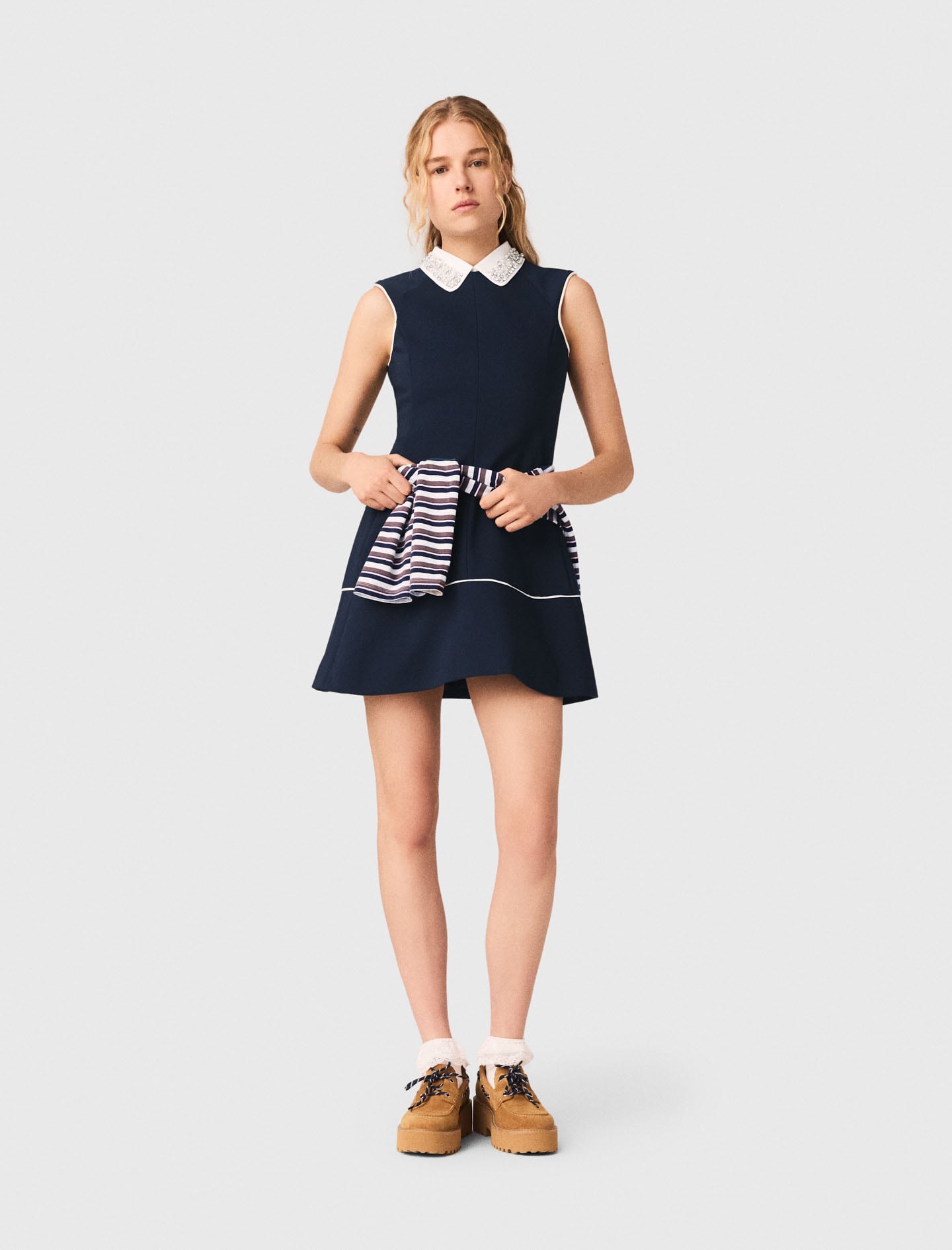 Maje Woman's cotton Flared dress with contrast trim for Spring/Summer, size Extra Large, in color Navy / Blue