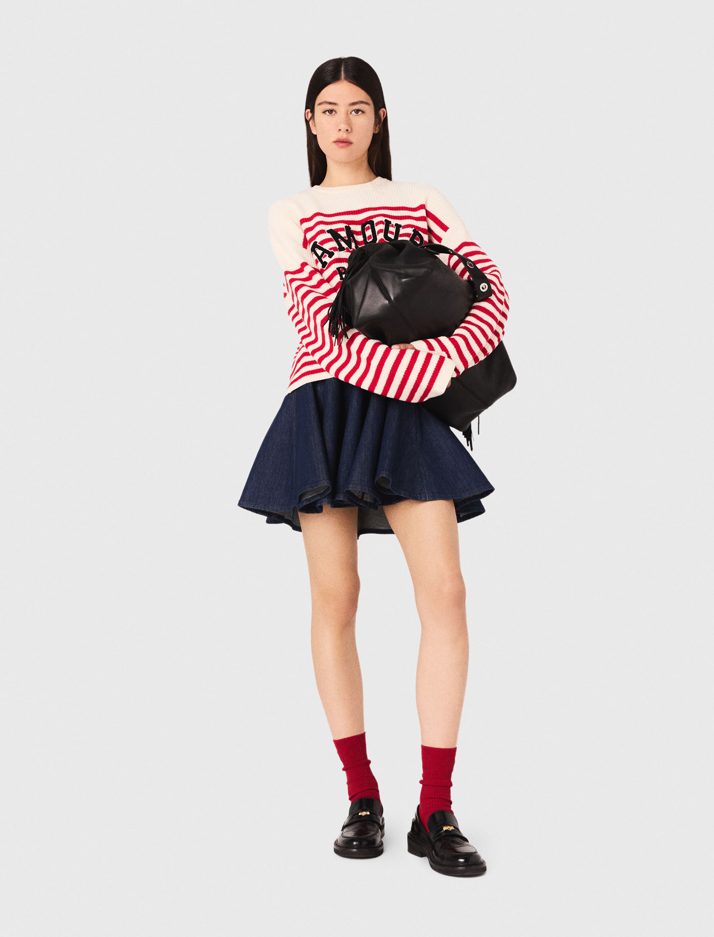 Maje Woman's wool Striped rib knit sweater for Fall/Winter, in color Ecru /Red /