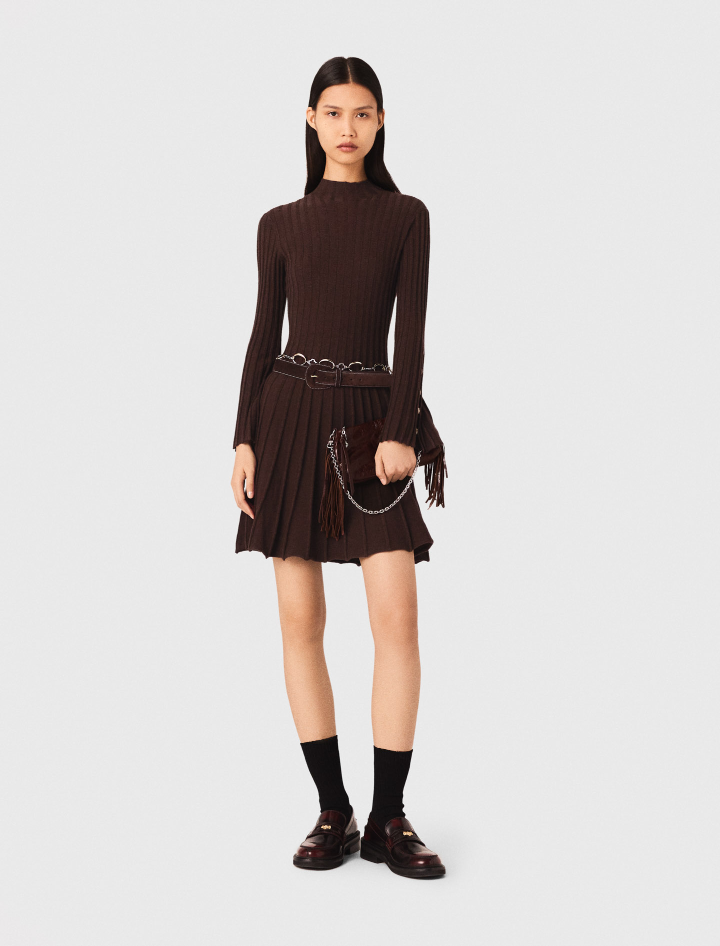 High-neck mini skater dress Brown For Women | Maje