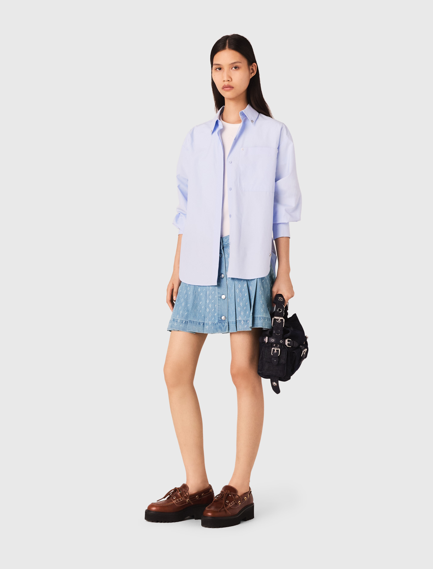 Maje Woman's cotton Short pleated denim skirt with strass for Fall/Winter, in color DENIM BLUE /