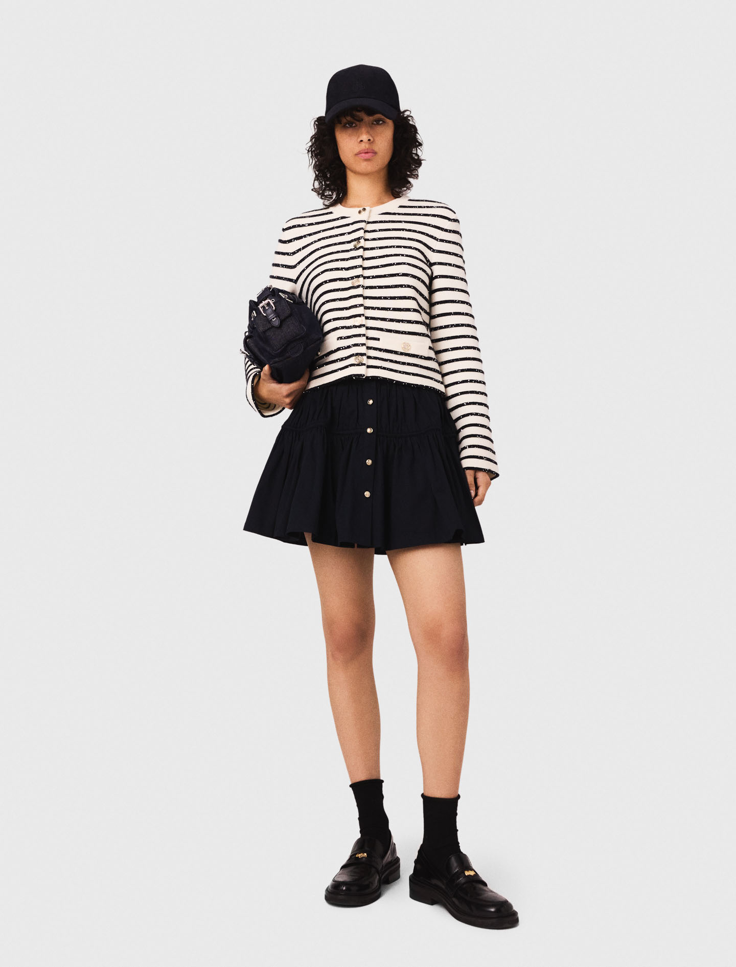 Maje Woman's acrylic Sequined wool cardigan for Fall/Winter, in color White/Navy /