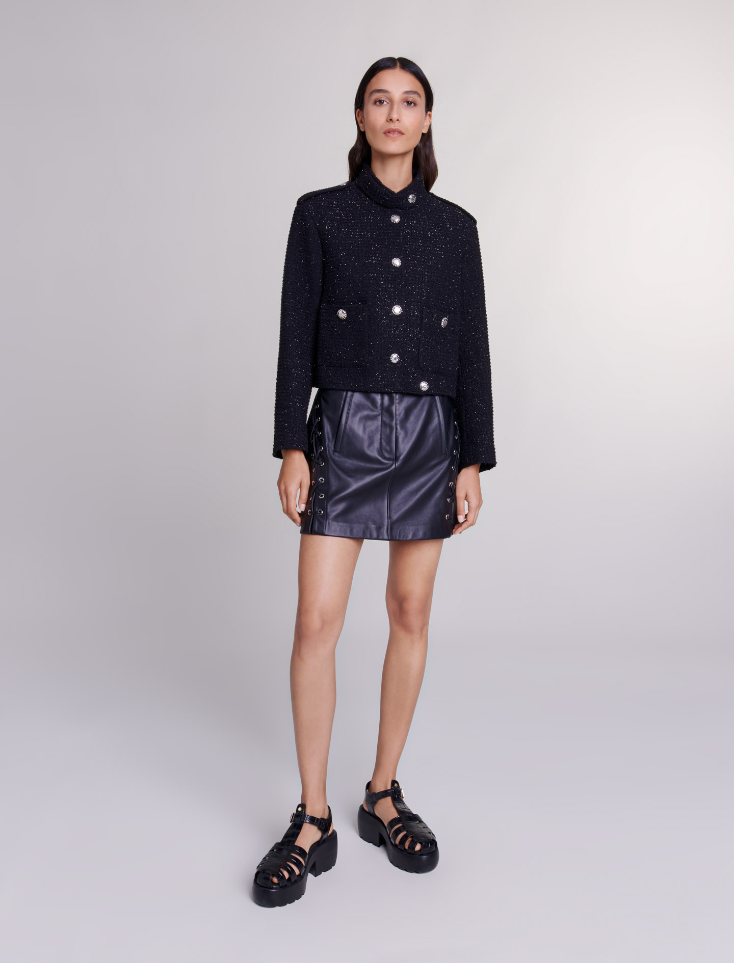 Short tweed jacket Black / Gray For Women | Maje