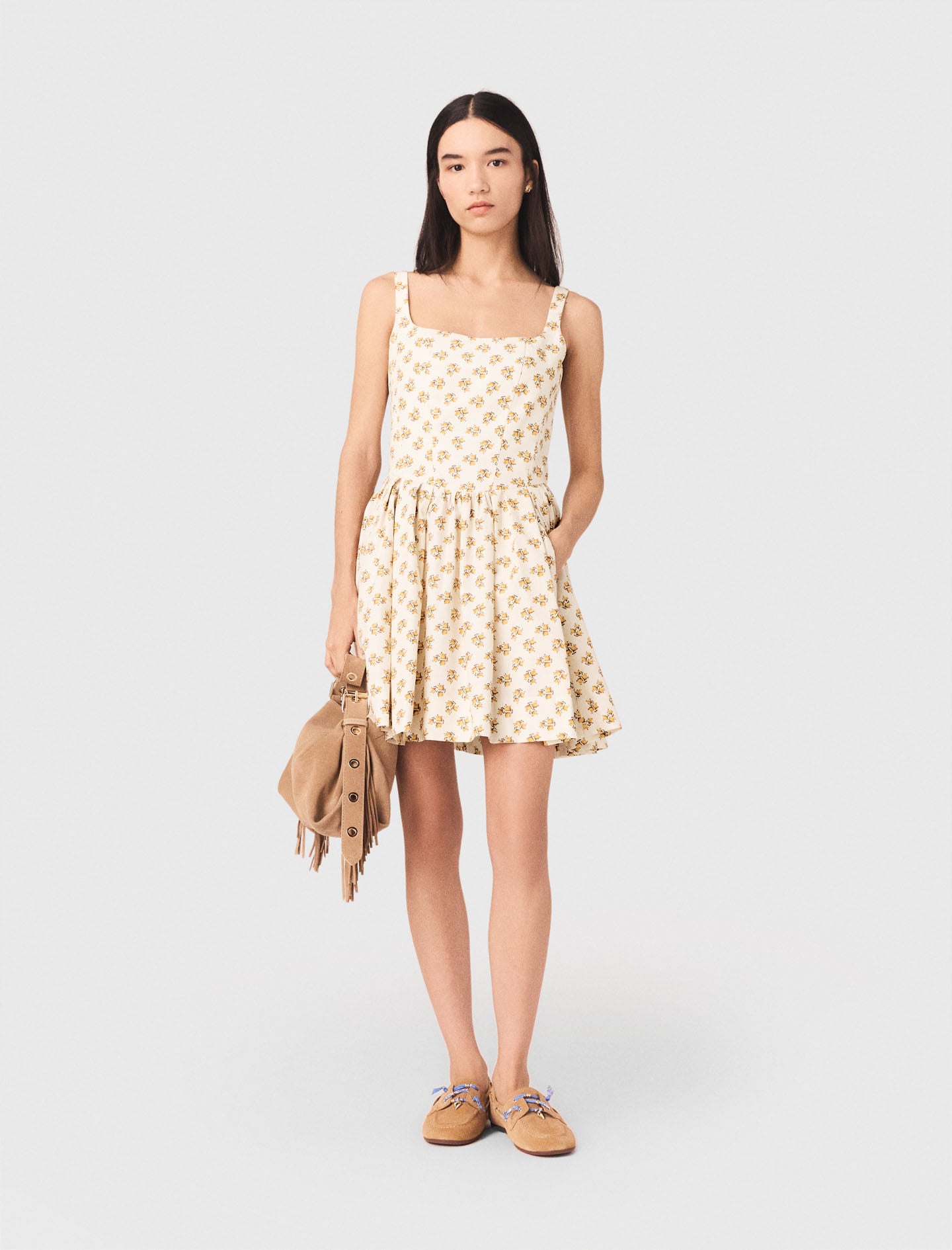 Maje Woman's lyocell Short flared patterned dress for Spring/Summer, in color Yellow Small Flowers Print /