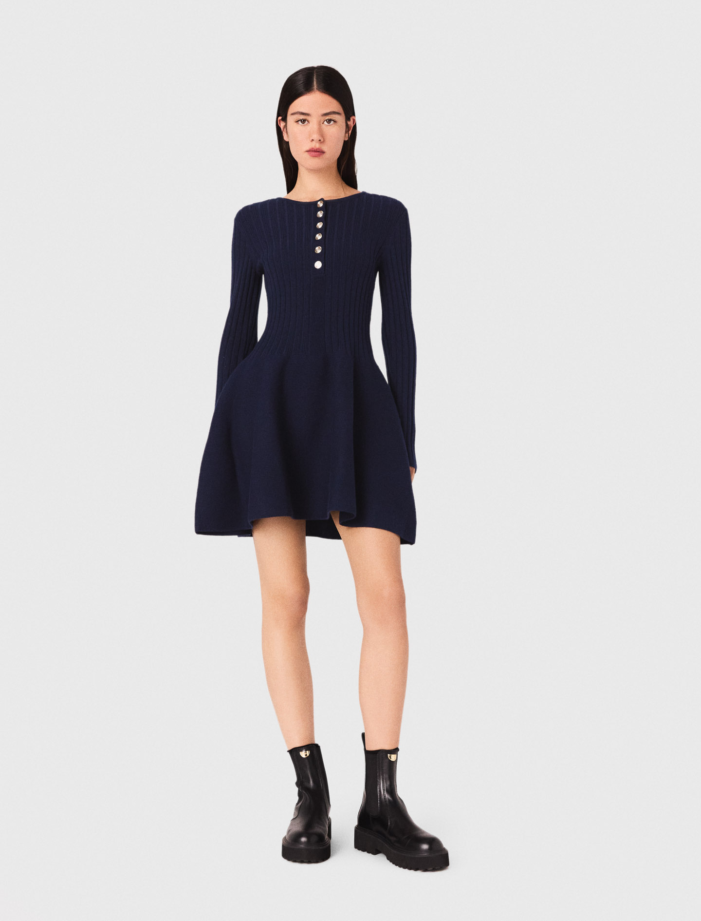 Maje Woman's polyester Mini knit dress with flared skirt for Fall/Winter, in color Navy / Blue