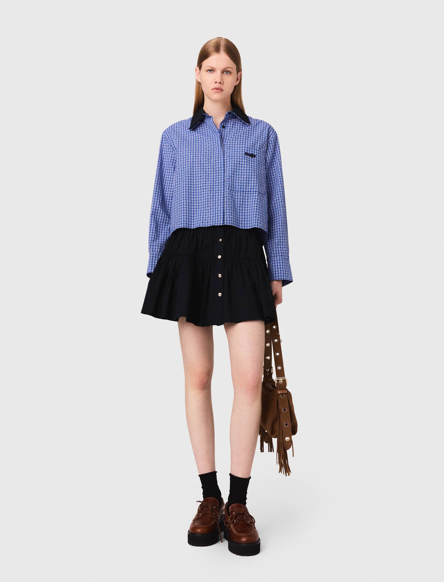 Maje Woman's cotton Removable collar rhinestone shirt for Fall/Winter, in color Blue rhinestoned tiles print /