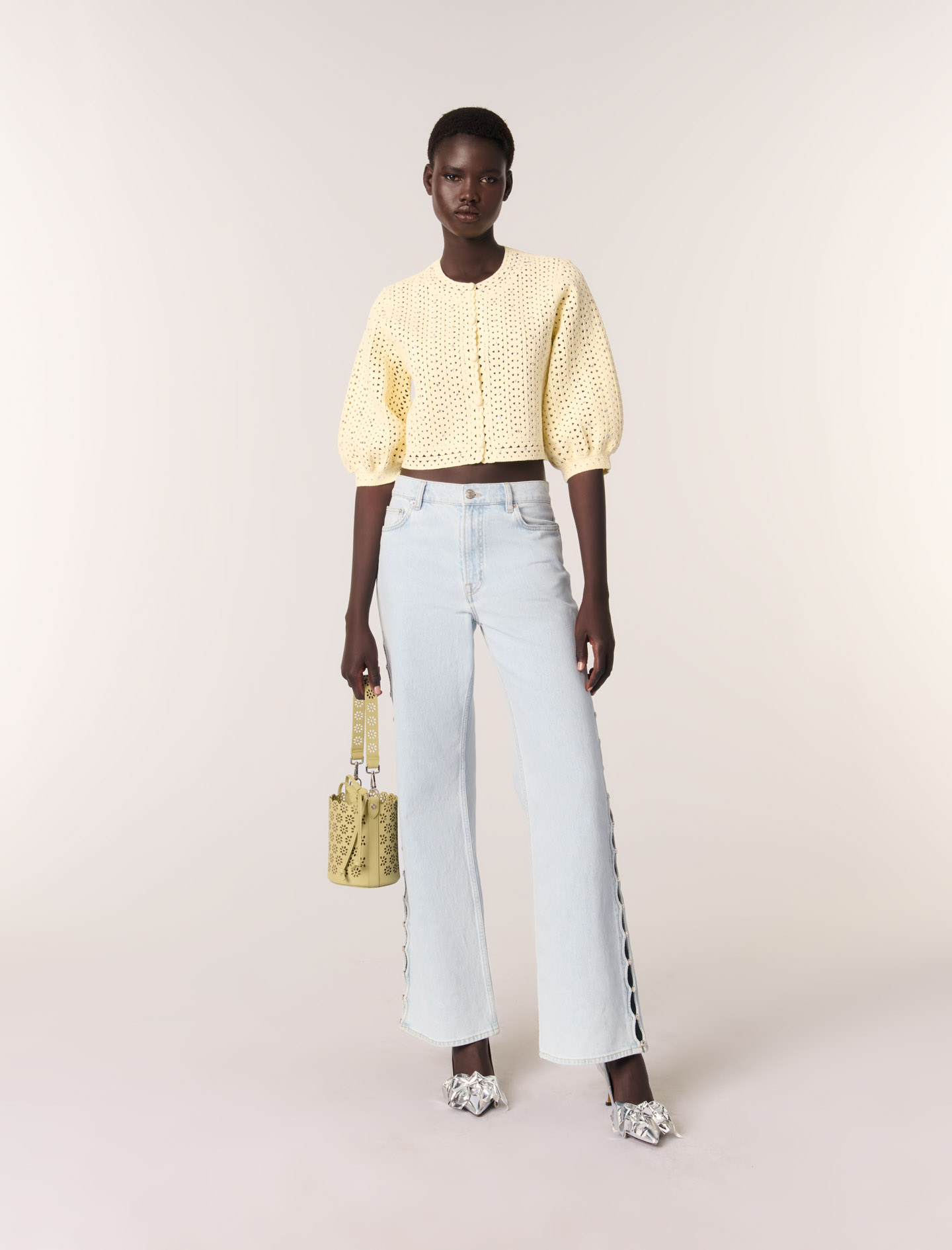 Cropped rhinestone crochet cardigan Yellow / Orange For Women | Maje