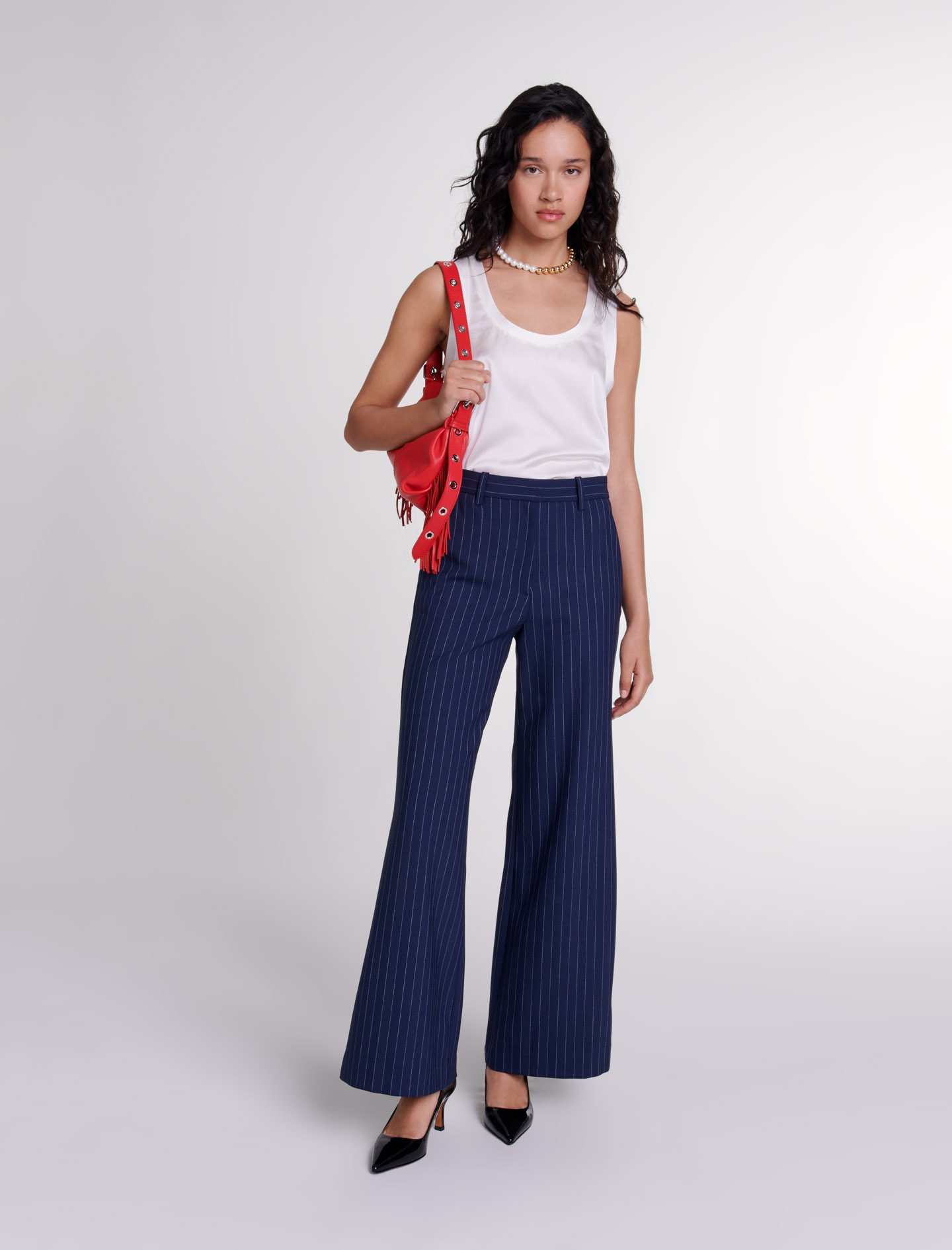 Maje Woman's wool Striped trousers for Fall/Winter, in color Navy tennis stripe /
