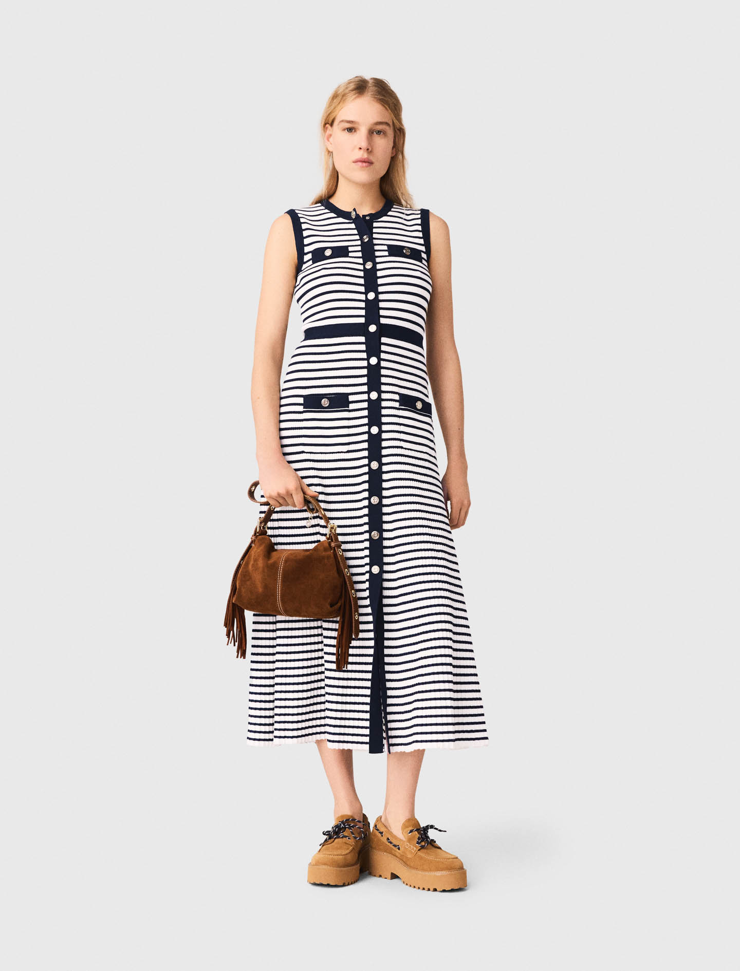 Maje Woman's cotton Striped knit maxi dress for Spring/Summer, in color Ecru/Navy Blue / Blue