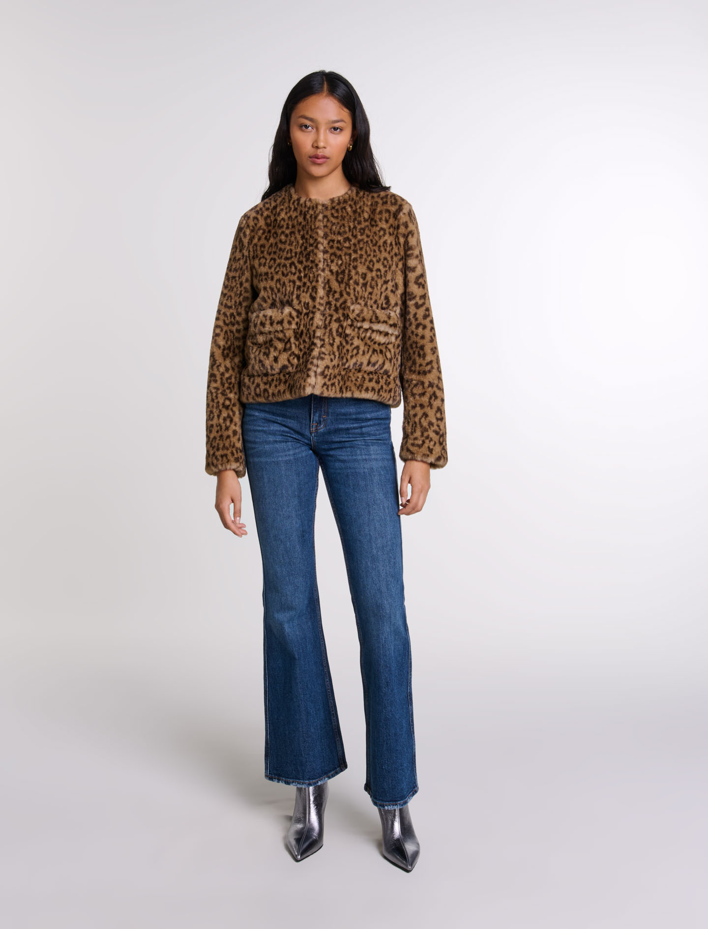 Maje Woman's polyester Cropped faux fur jacket for Fall/Winter, in color Leopard print /