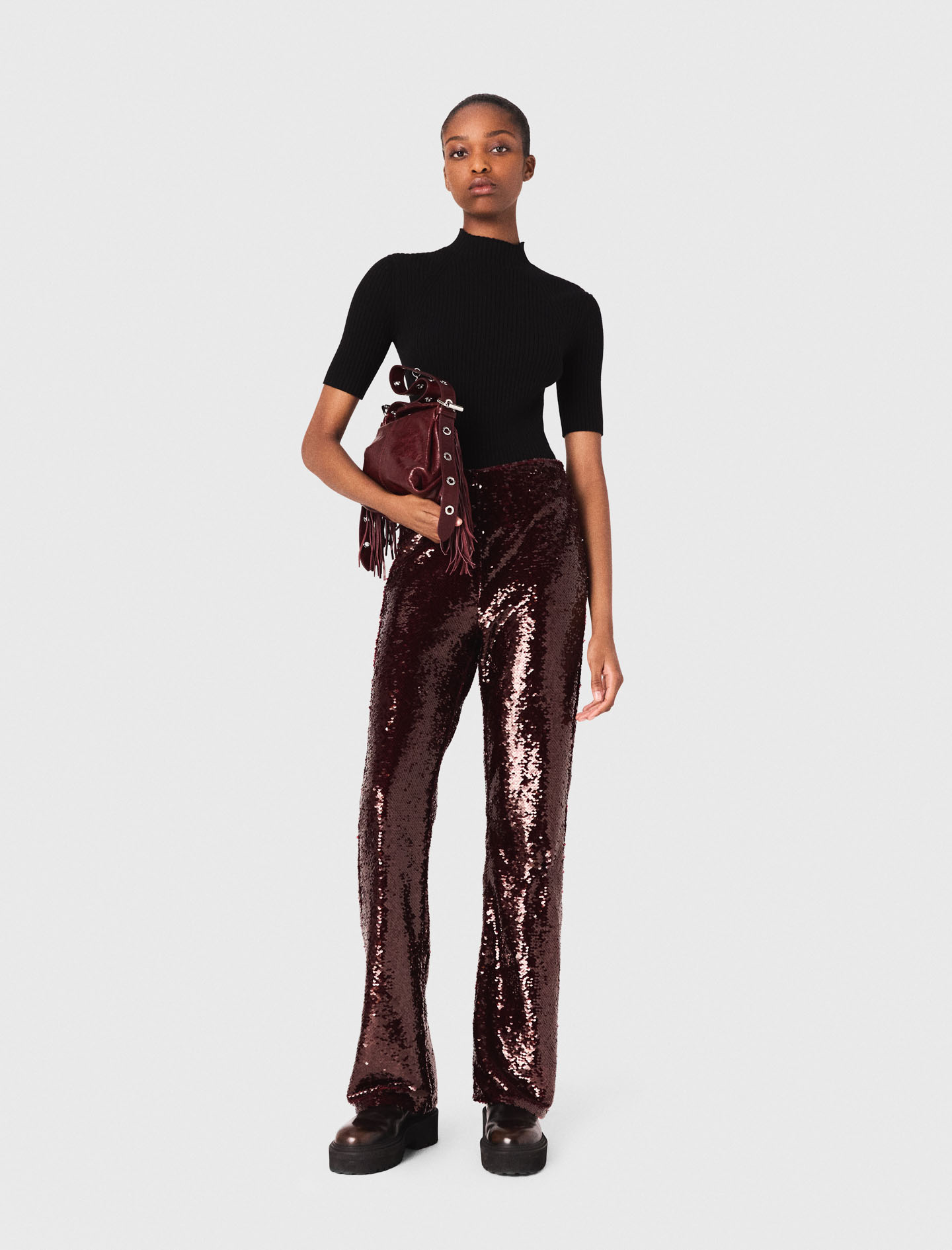 Maje Woman's polyester Sequin-embroidered trousers for Fall/Winter, in color Burgundy /