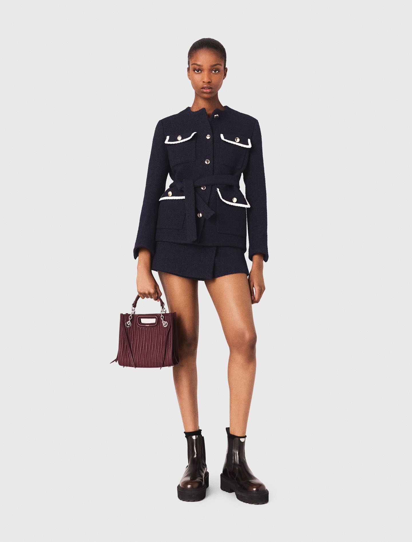 Maje Woman's polyester 4-pocket tweed jacket for Fall/Winter, in color Navy / Blue