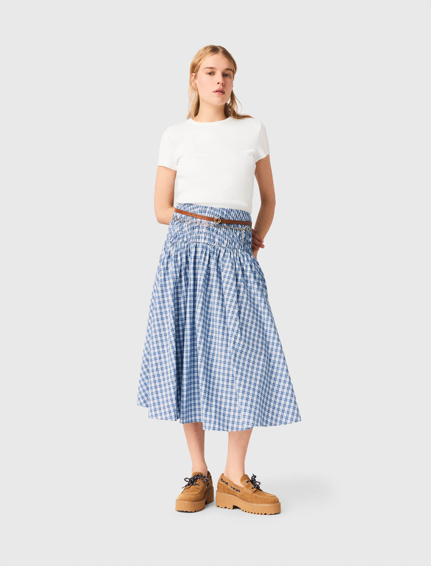 Maje Woman's cotton Rhinestone cotton maxi skirt for Spring/Summer, in color Blue check print /