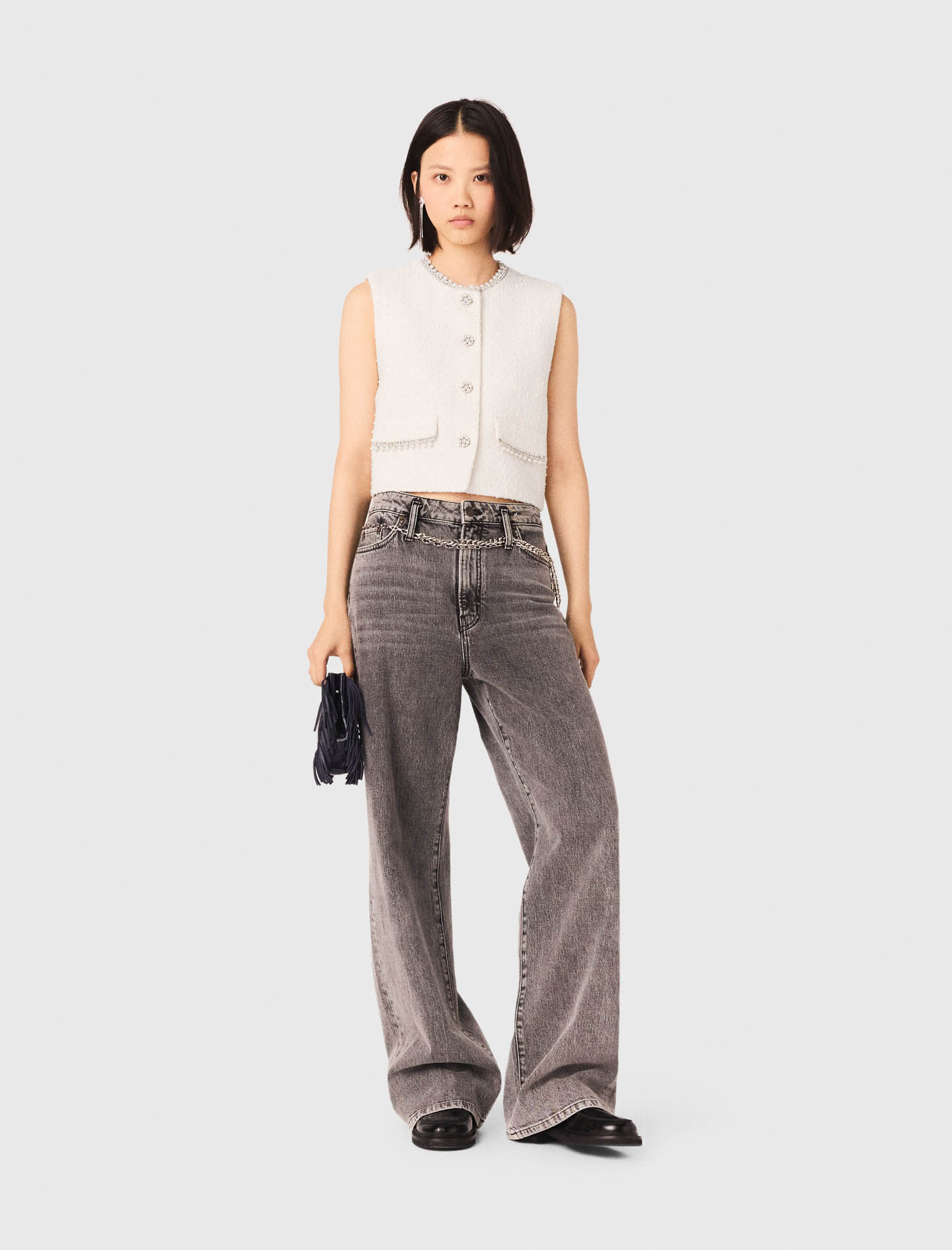 Maje Tweed vest with pearl trim