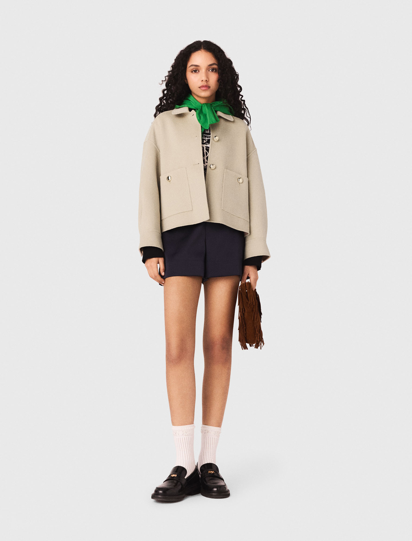 Maje Woman's wool Cropped wool jacket with pleated back for Spring/Summer, in color Beige / Beige