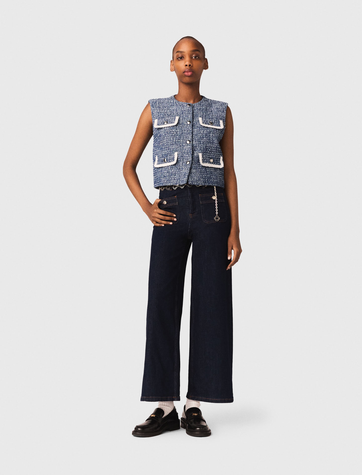 Maje Woman's cotton Tweed vest for Spring/Summer, in color Blue / Blue